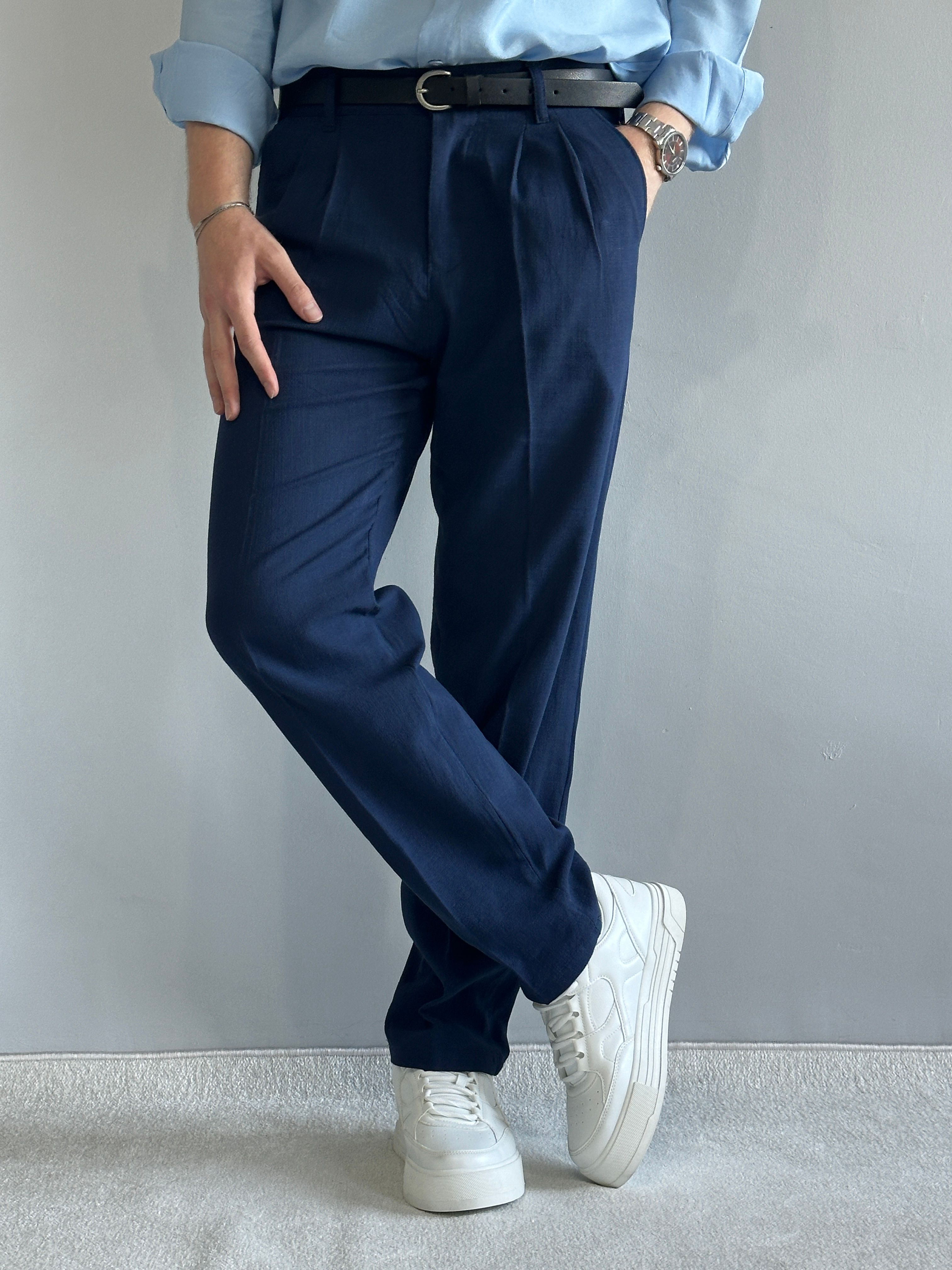 Prime Old Money Ham Keten Premium Baggy Kalıp Pantolon - Lacivert
