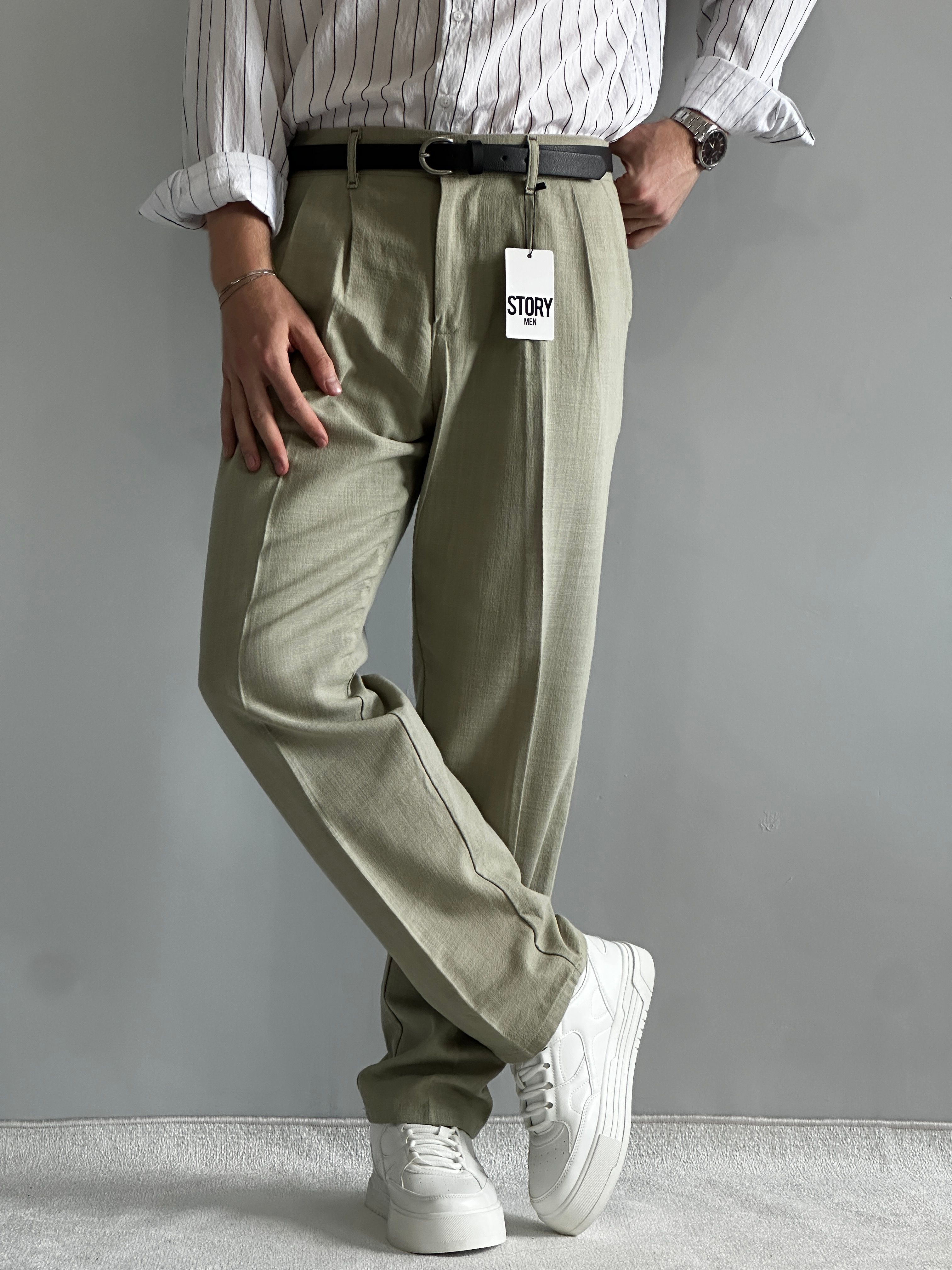 Prime Old Money Ham Keten Premium Baggy Kalıp Pantolon - Çağla Yeşili