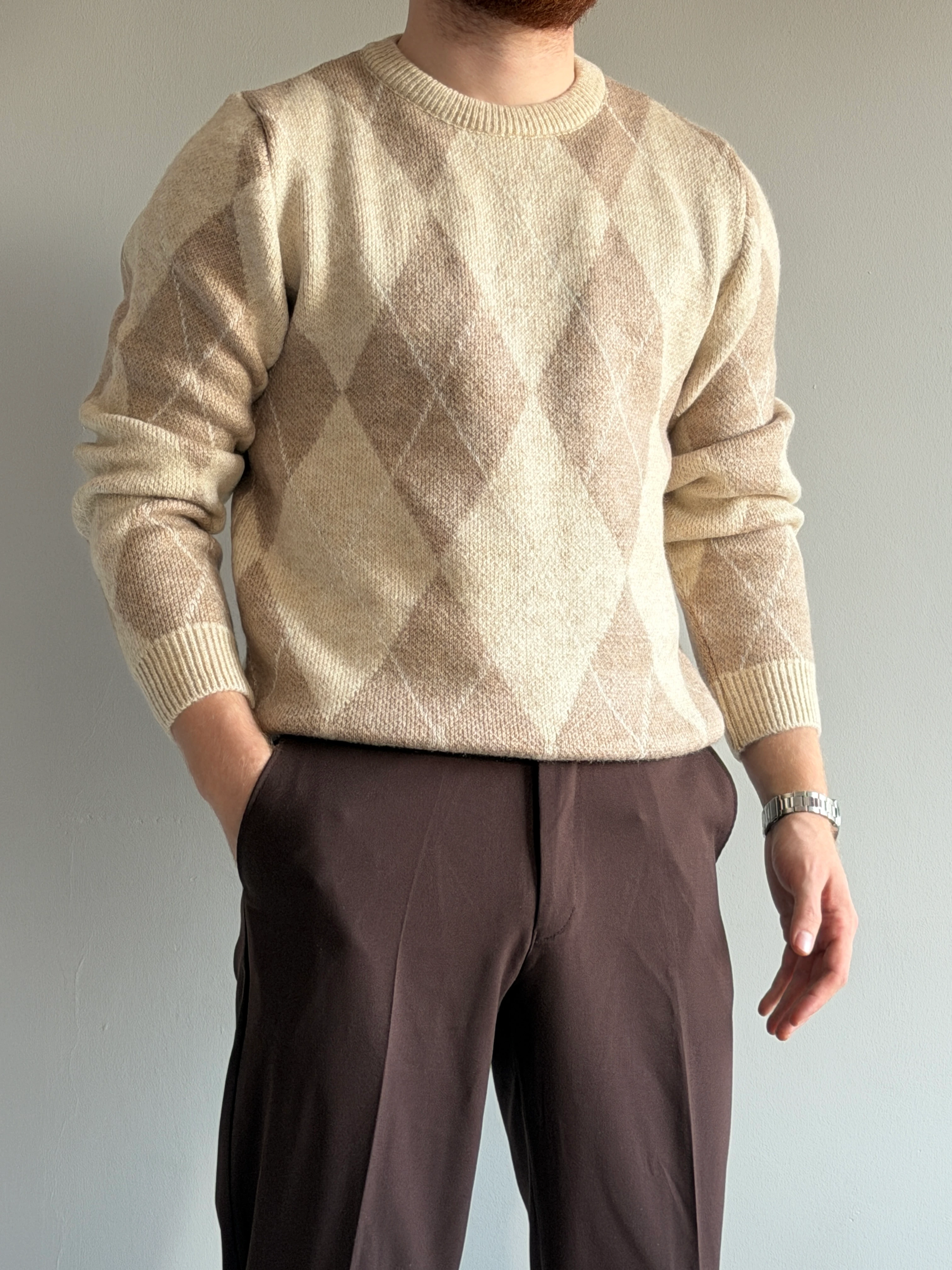 Prime Old Money Exclusive Yumuşak Dokulu Şardonlu Jakarlı Baklava Desenli Triko Kazak - P197 - Krem