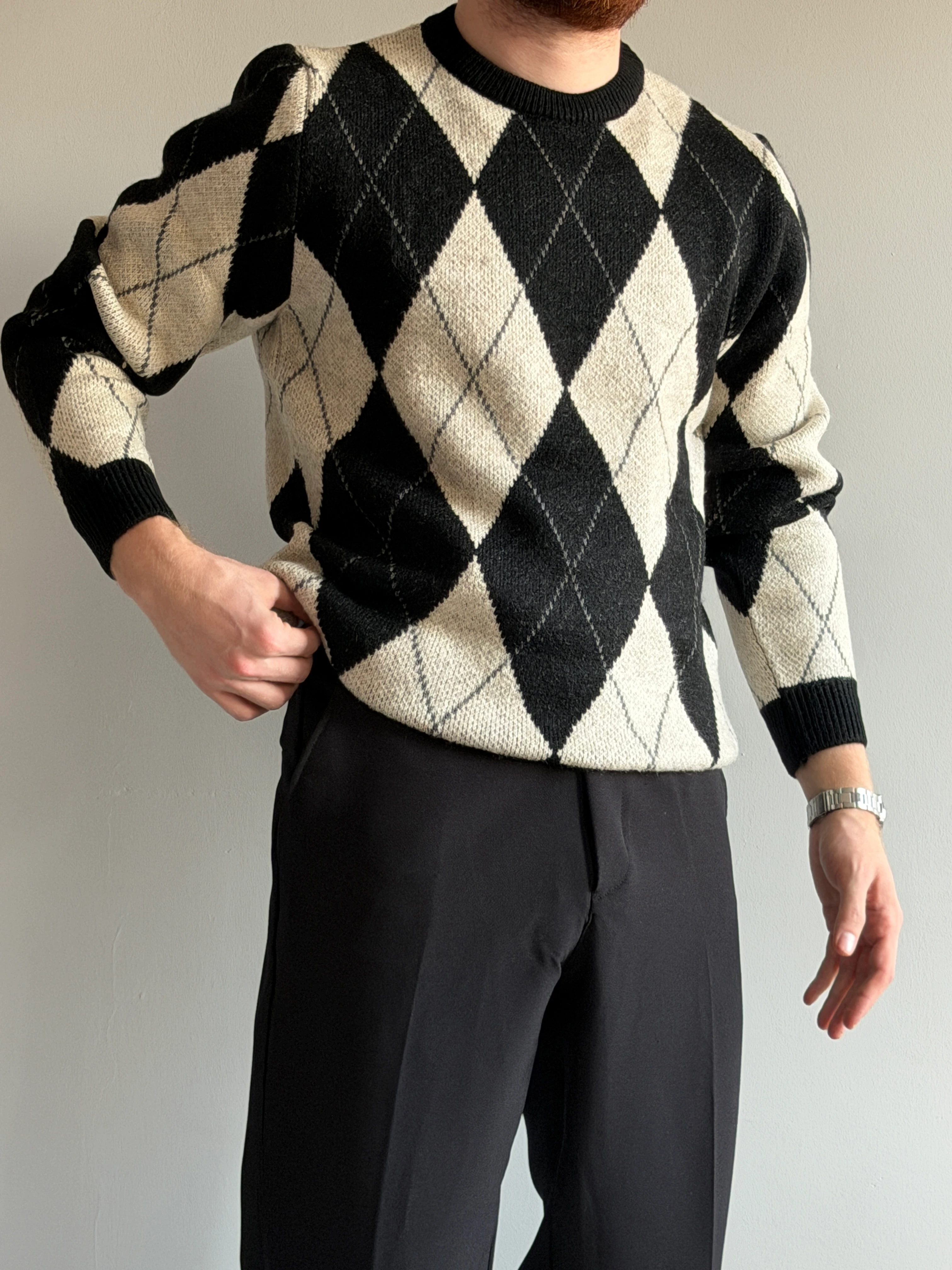 Prime Old Money Exclusive Yumuşak Dokulu Şardonlu Jakarlı Baklava Desenli Triko Kazak - P197