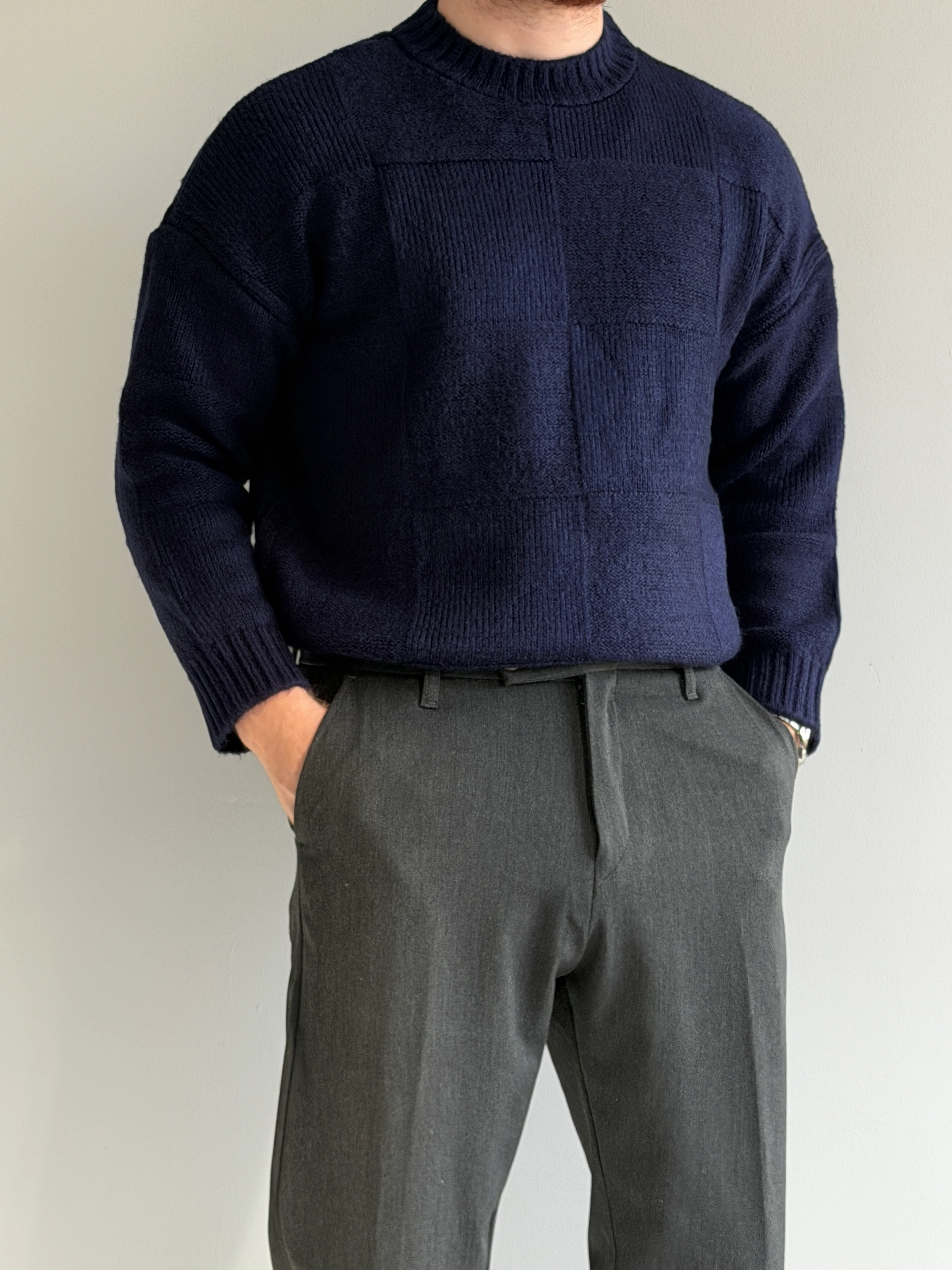 Prime Old Money Exclusive Oversize Kalıp Kare Desenli Yumuşak Dokulu Triko Kazak - P196 - Lacivert