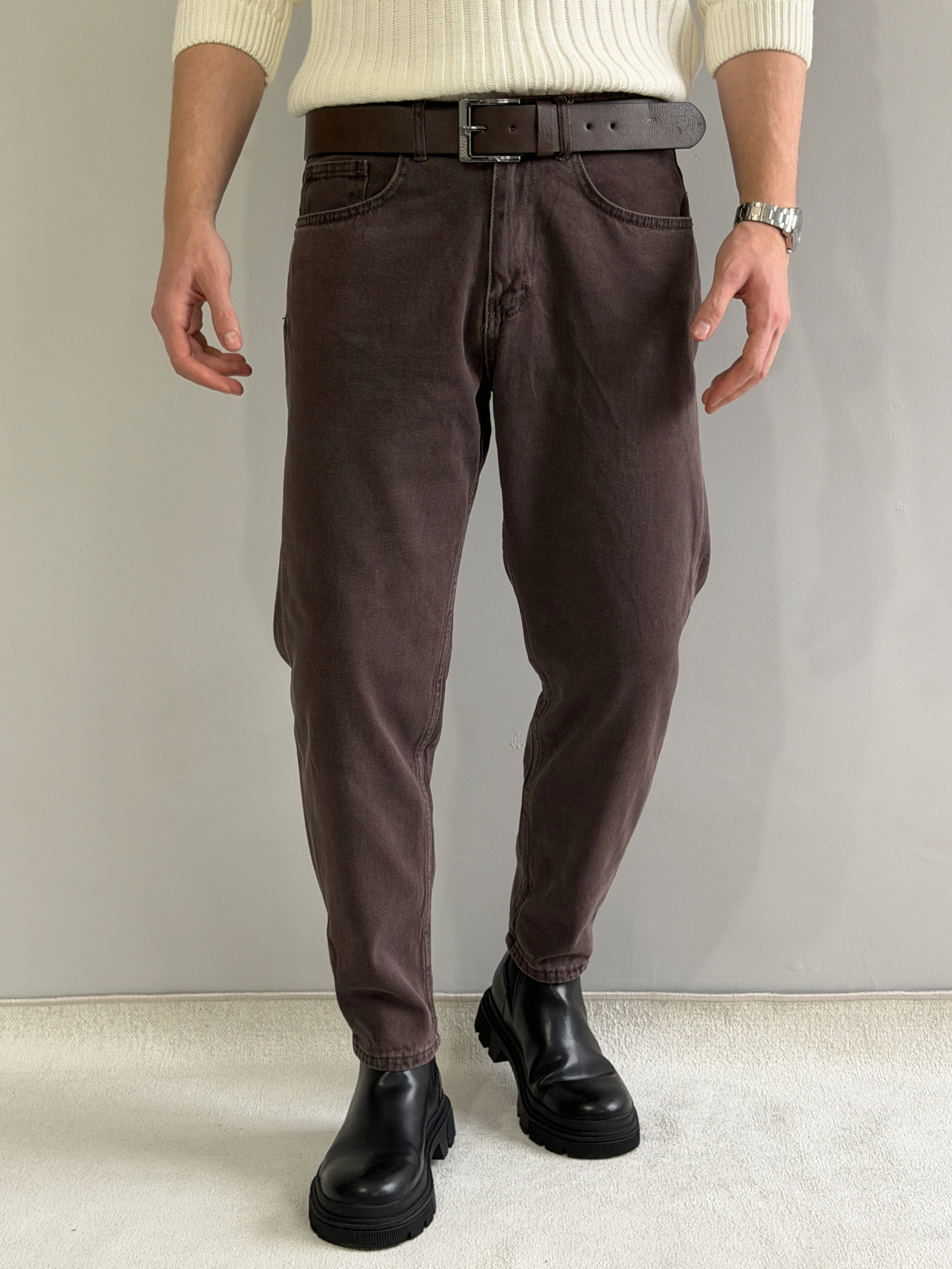 Kemer Hediyeli Exclusive Boyfriend Kalıp Kot Pantolon - P194 - Kahverengi