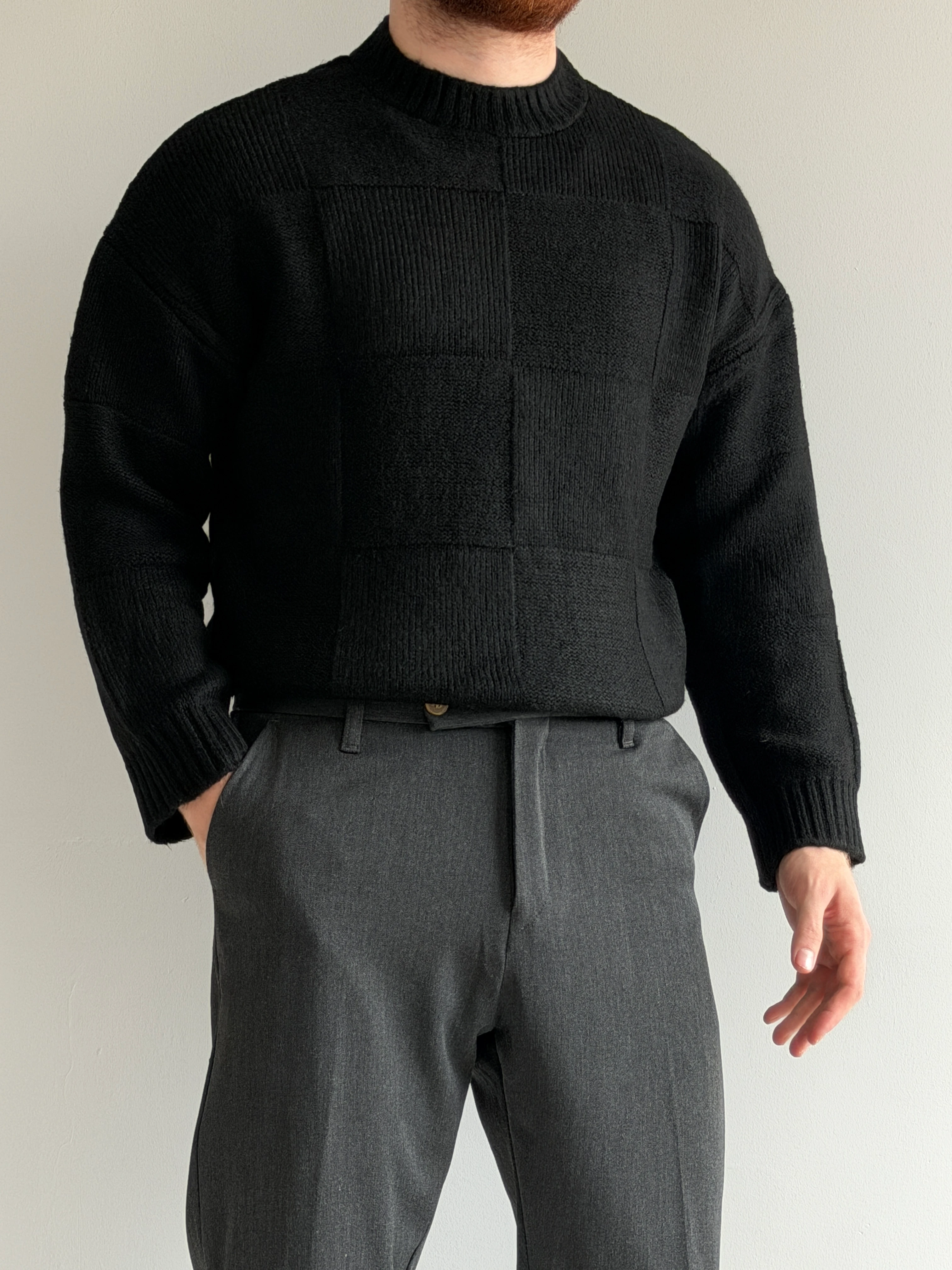 Prime Old Money Exclusive Oversize Kalıp Kare Desenli Yumuşak Dokulu Triko Kazak - P196