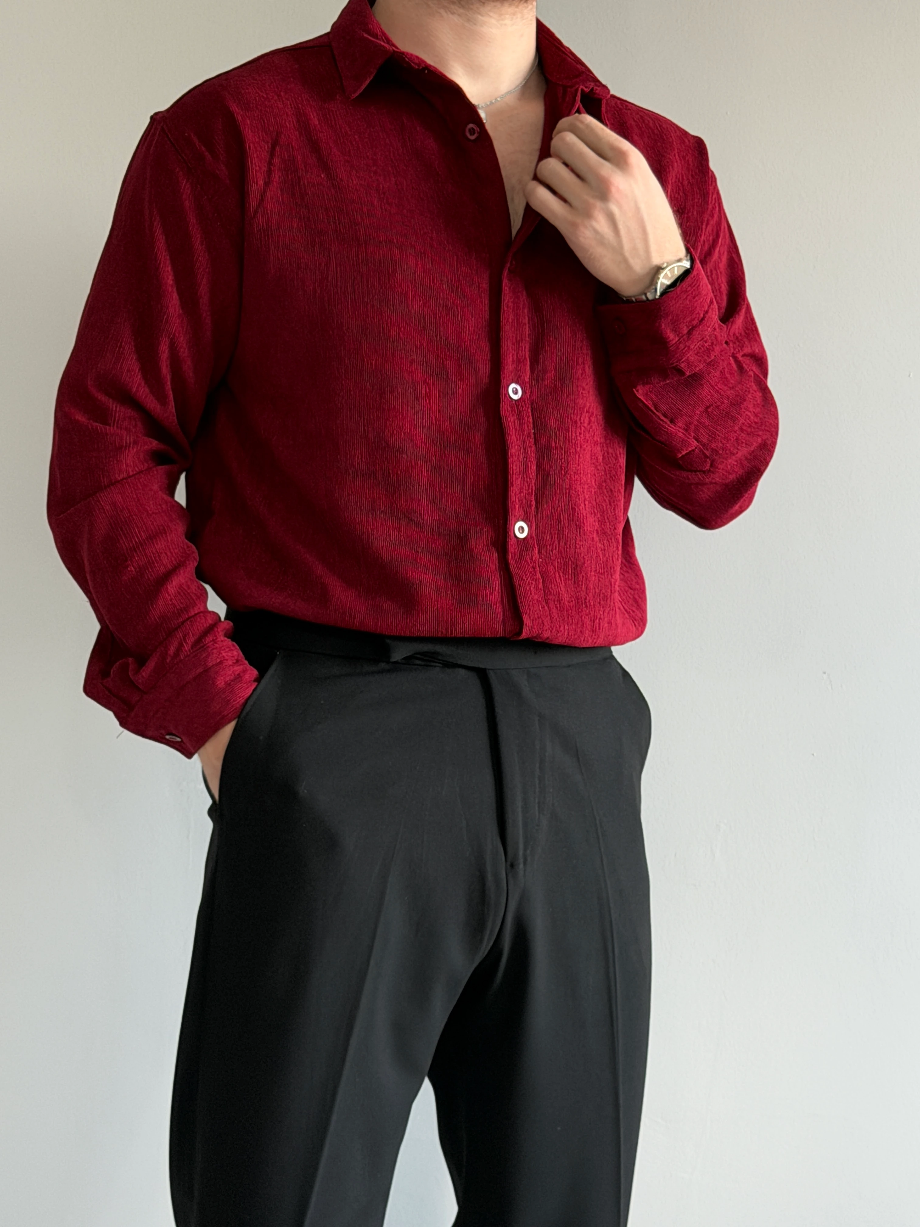 Prime Old Money Exclusive İnce Fitilli Gömlek - P145 - Bordo