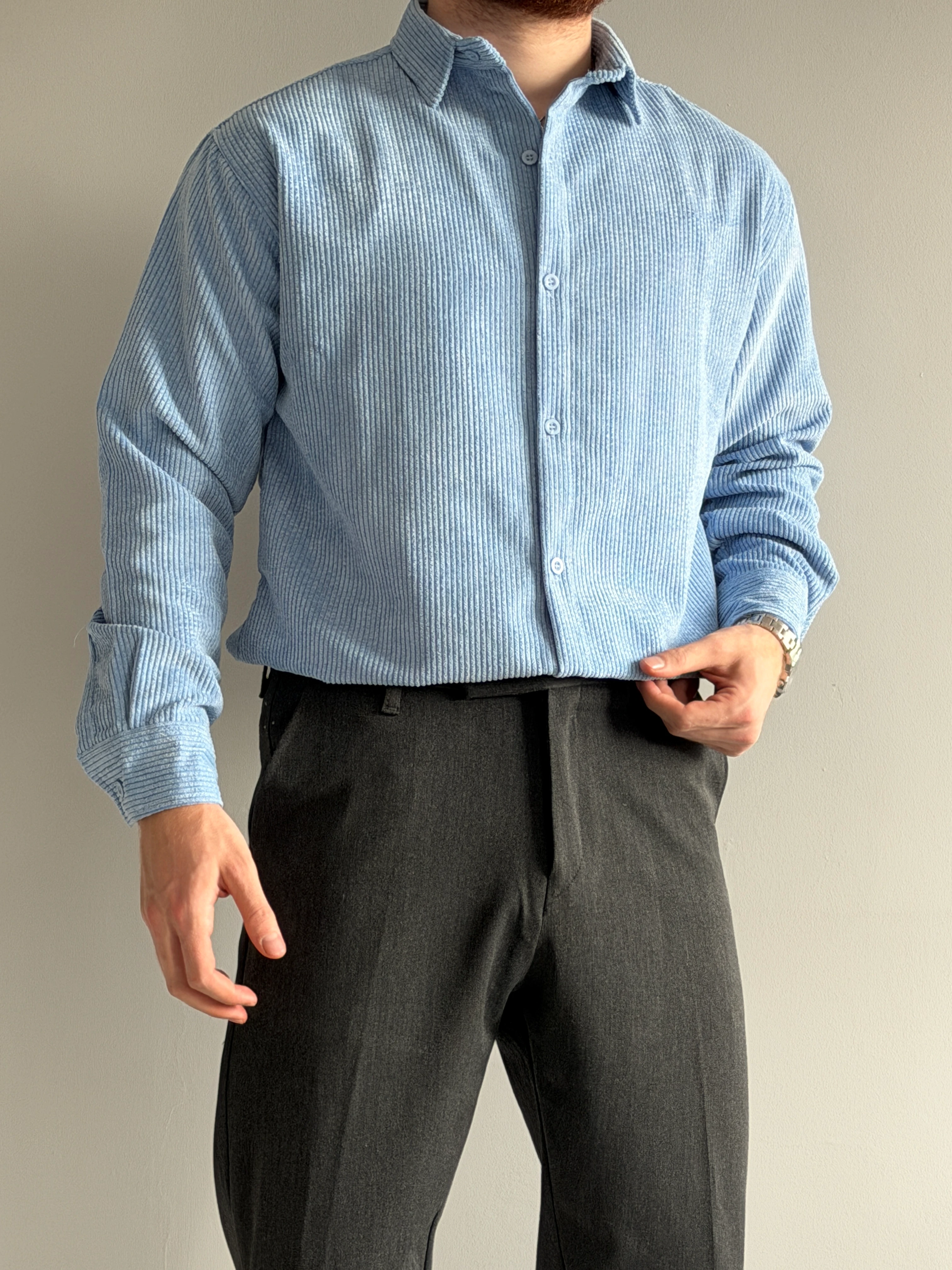 Prime Old Money Exclusive Kalın Fitilli Gömlek - P195 - Bebe Mavisi