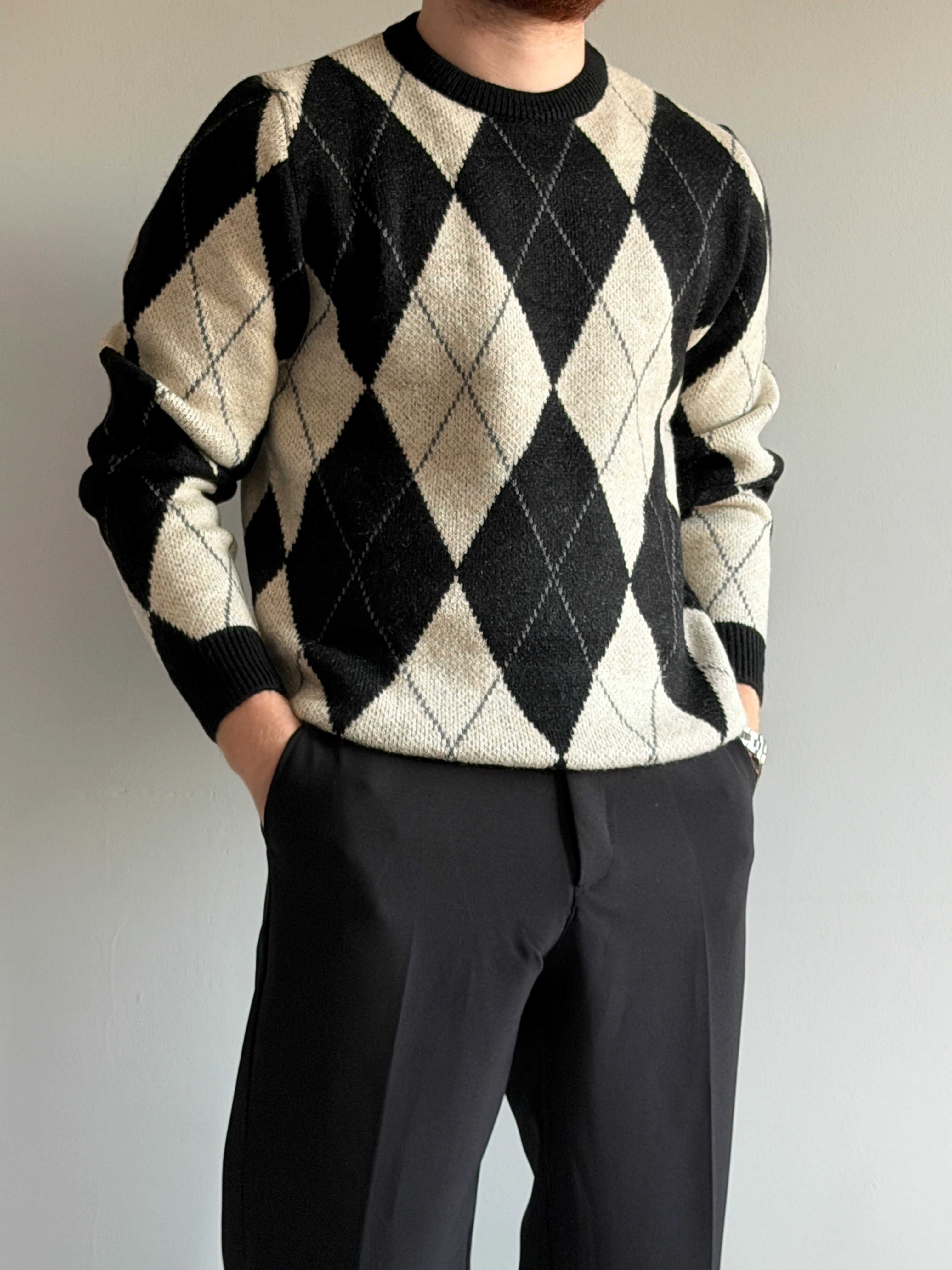 Prime Old Money Exclusive Yumuşak Dokulu Şardonlu Jakarlı Baklava Desenli Triko Kazak - P197