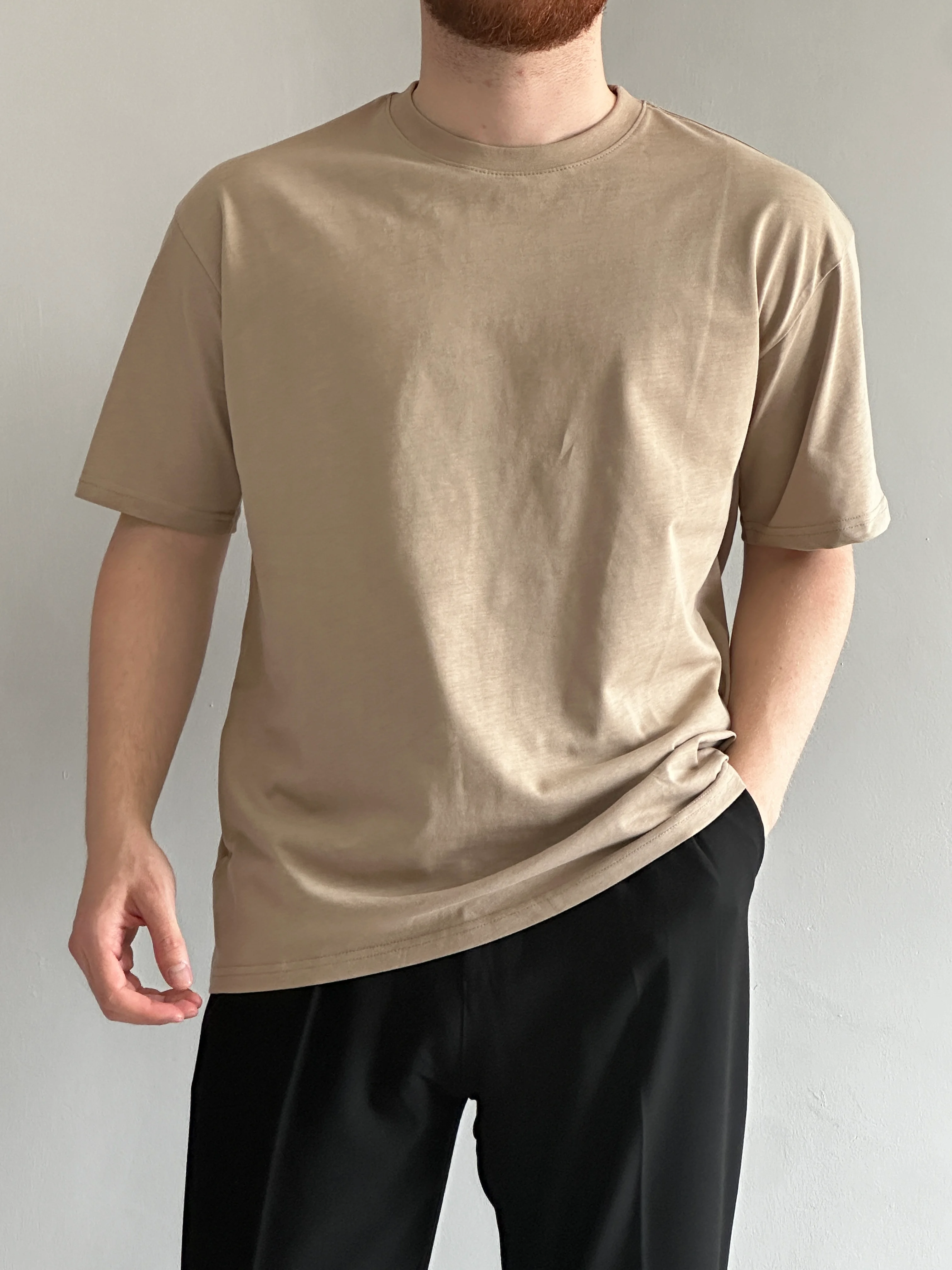 Erkek Prime Kaliteli Kumaş Oversize %100 Pamuk T-Shirt - Bej