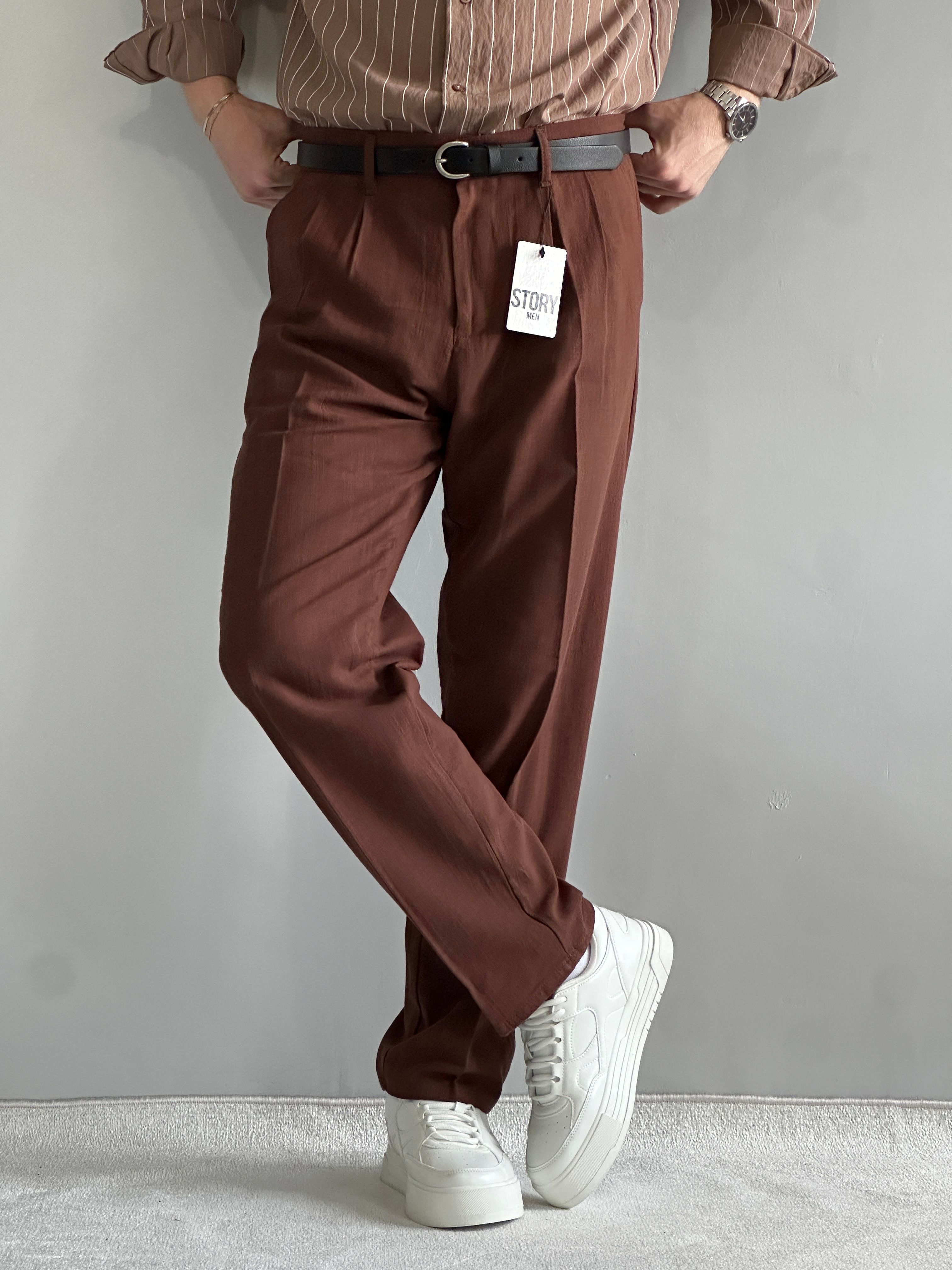 Prime Old Money Ham Keten Premium Baggy Kalıp Pantolon - Kahverengi
