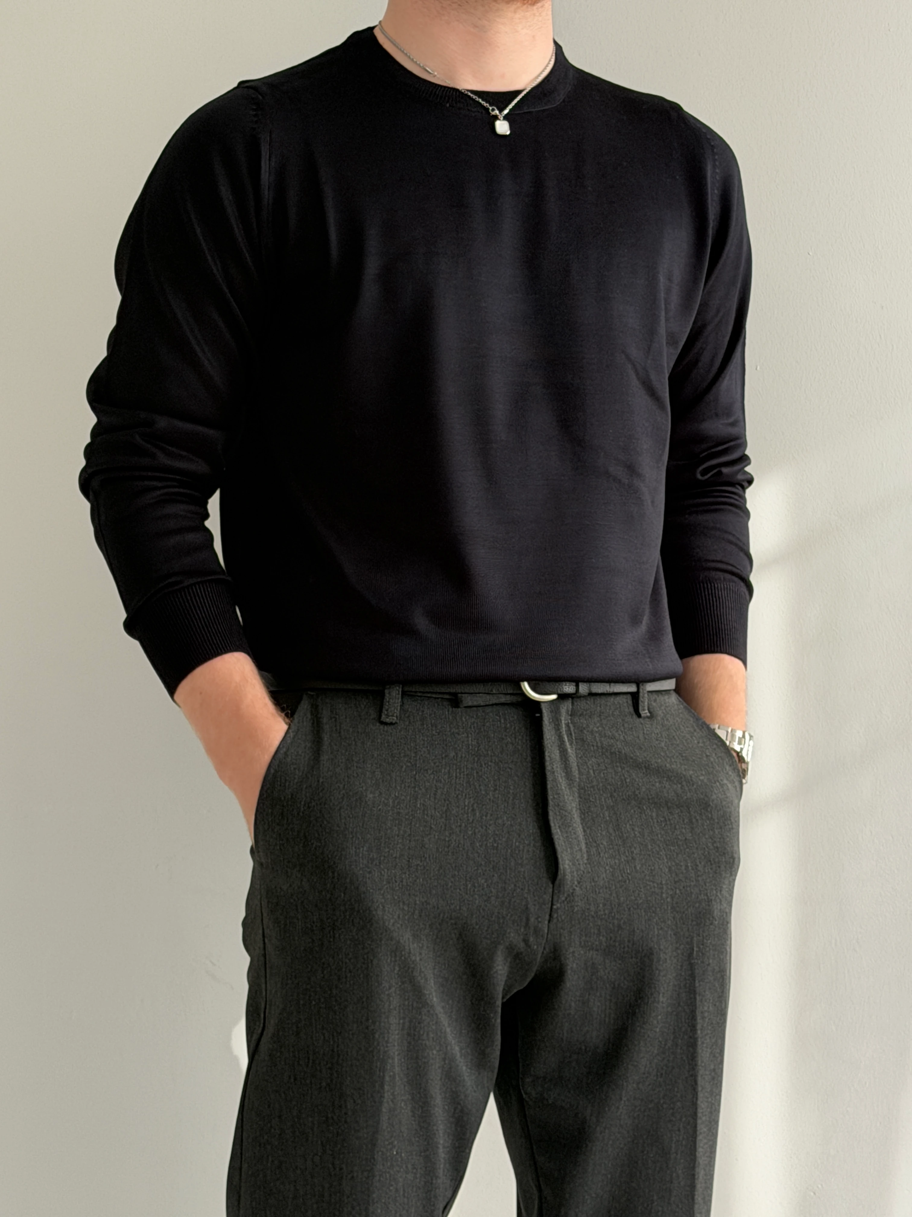 Prime Old Money Luxury Standart Kalıp İnce Bisiklet Yaka Kazak - P198 - Lacivert