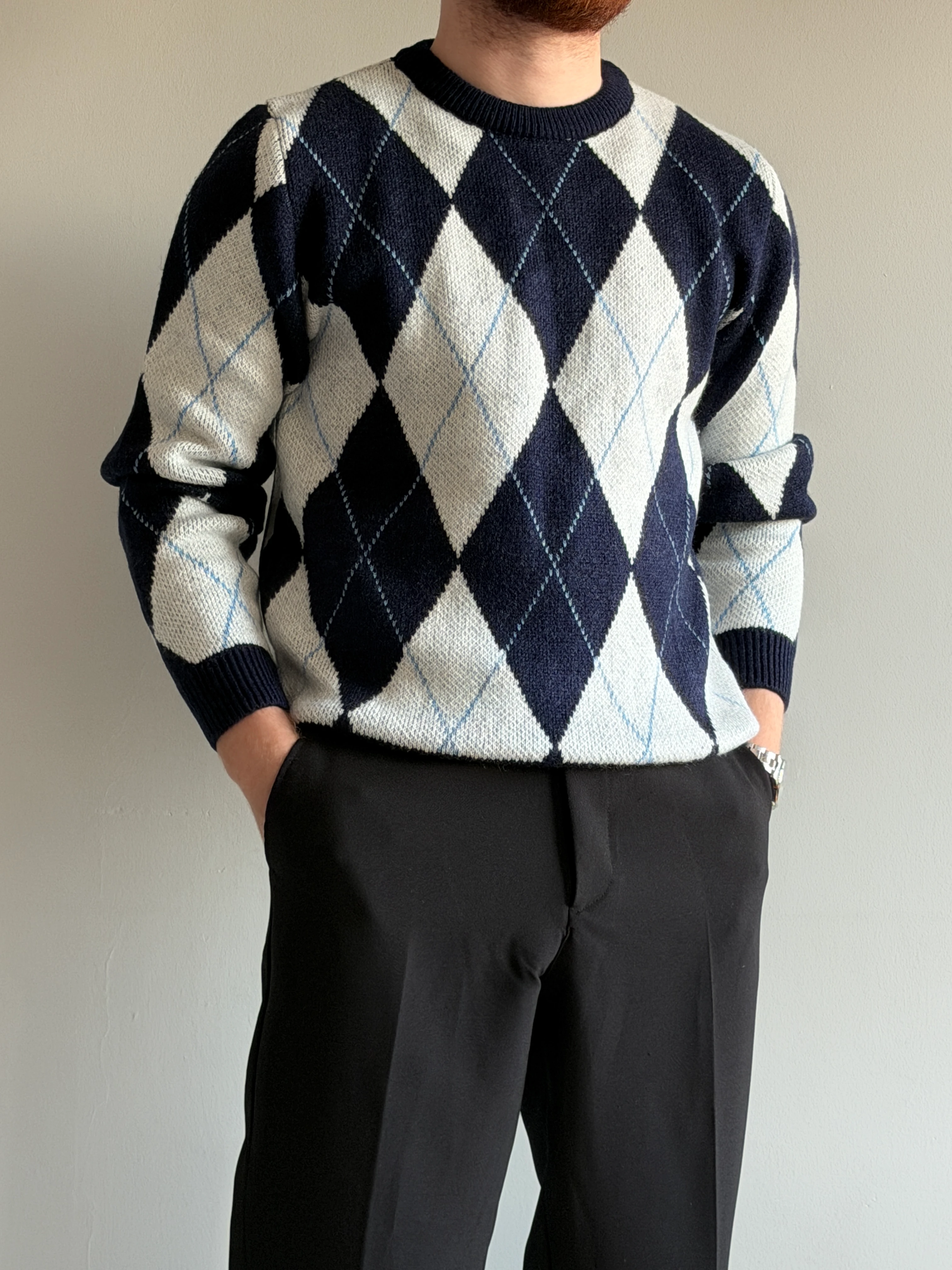 Prime Old Money Exclusive Yumuşak Dokulu Şardonlu Jakarlı Baklava Desenli Triko Kazak - P197 - Lacivert