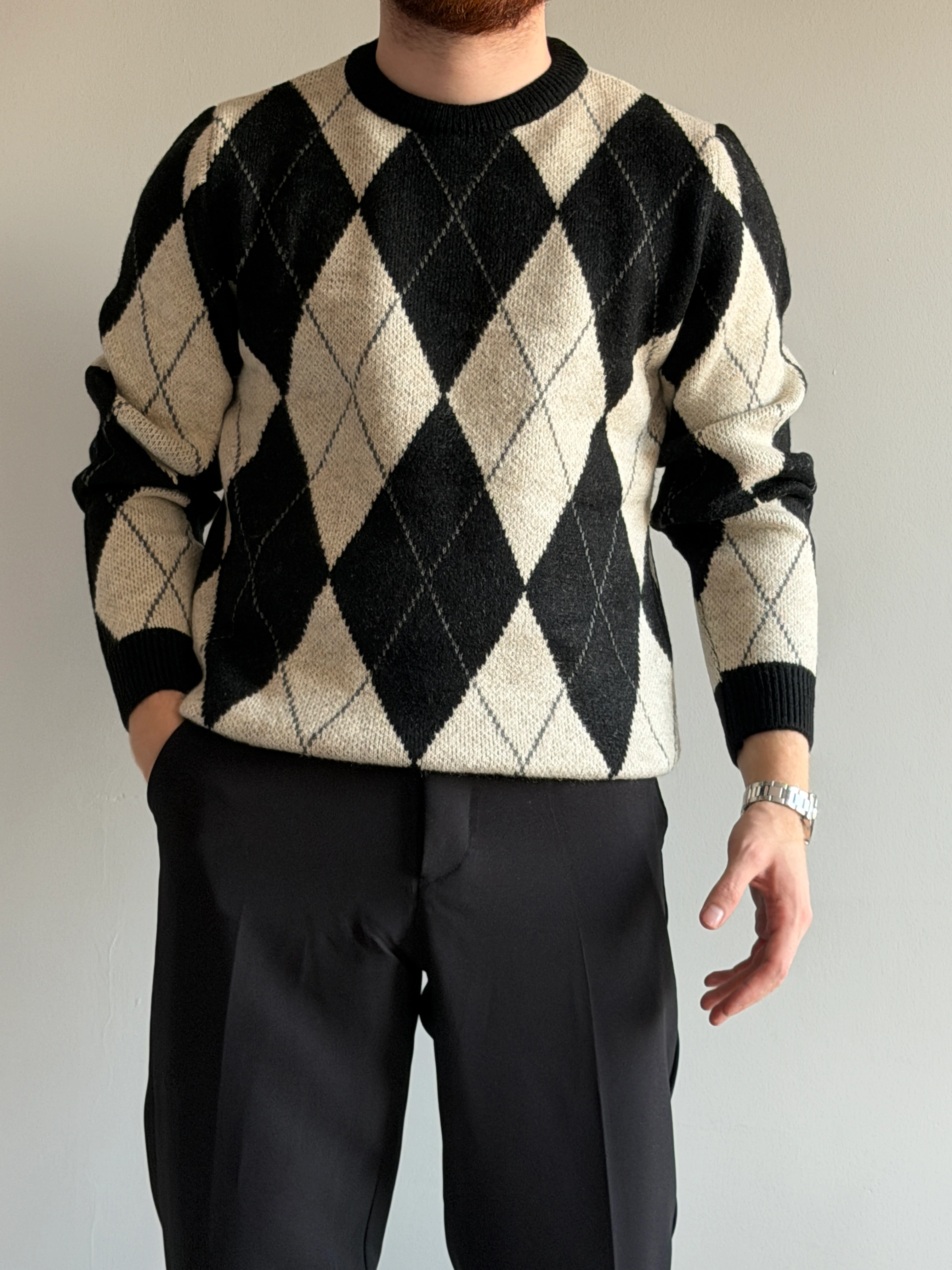 Prime Old Money Exclusive Yumuşak Dokulu Şardonlu Jakarlı Baklava Desenli Triko Kazak - P197 - Siyah