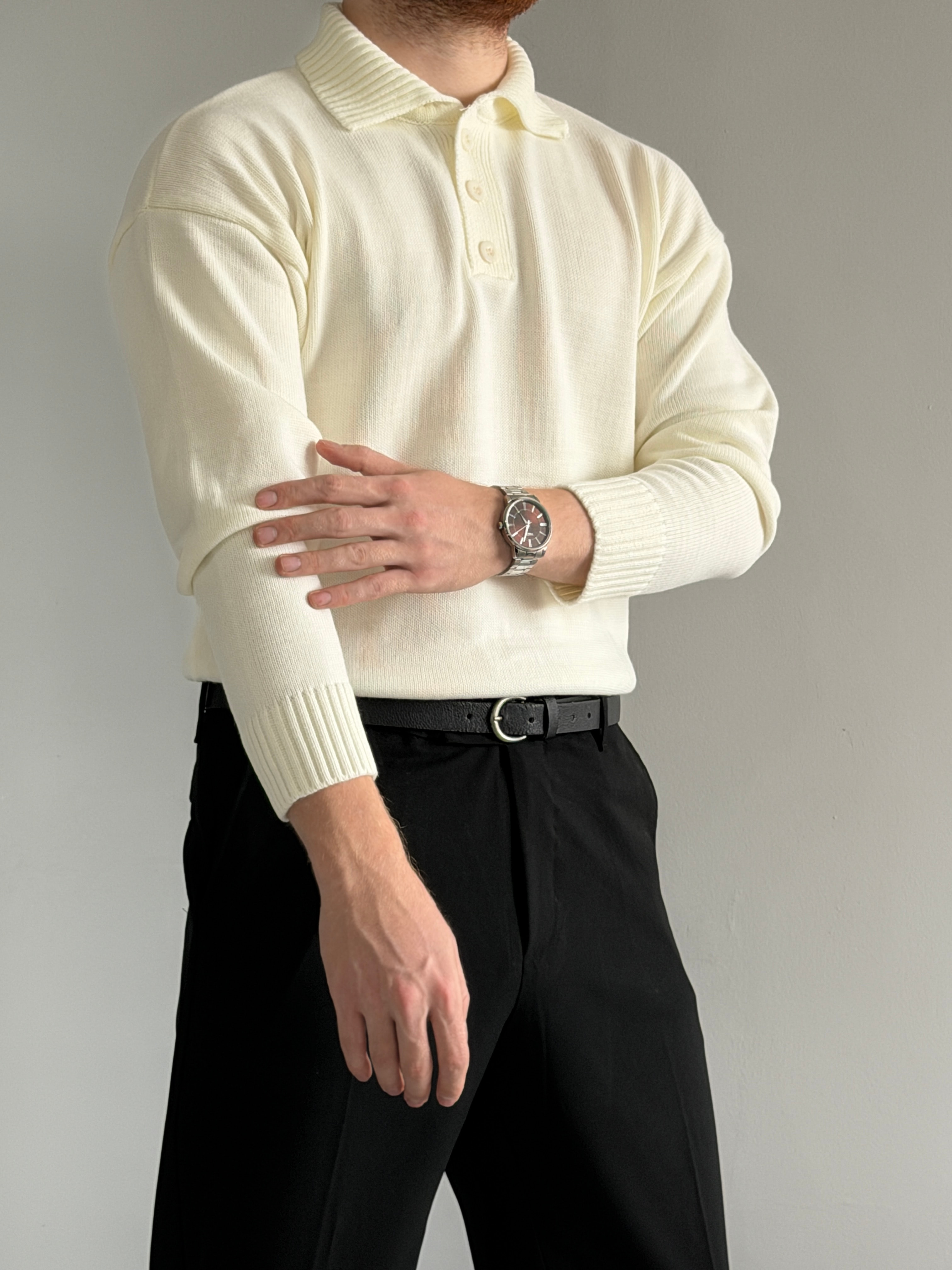 Prime Old Money Exclusive Polo Yaka Basic Triko Kazak - P157 - Ekru