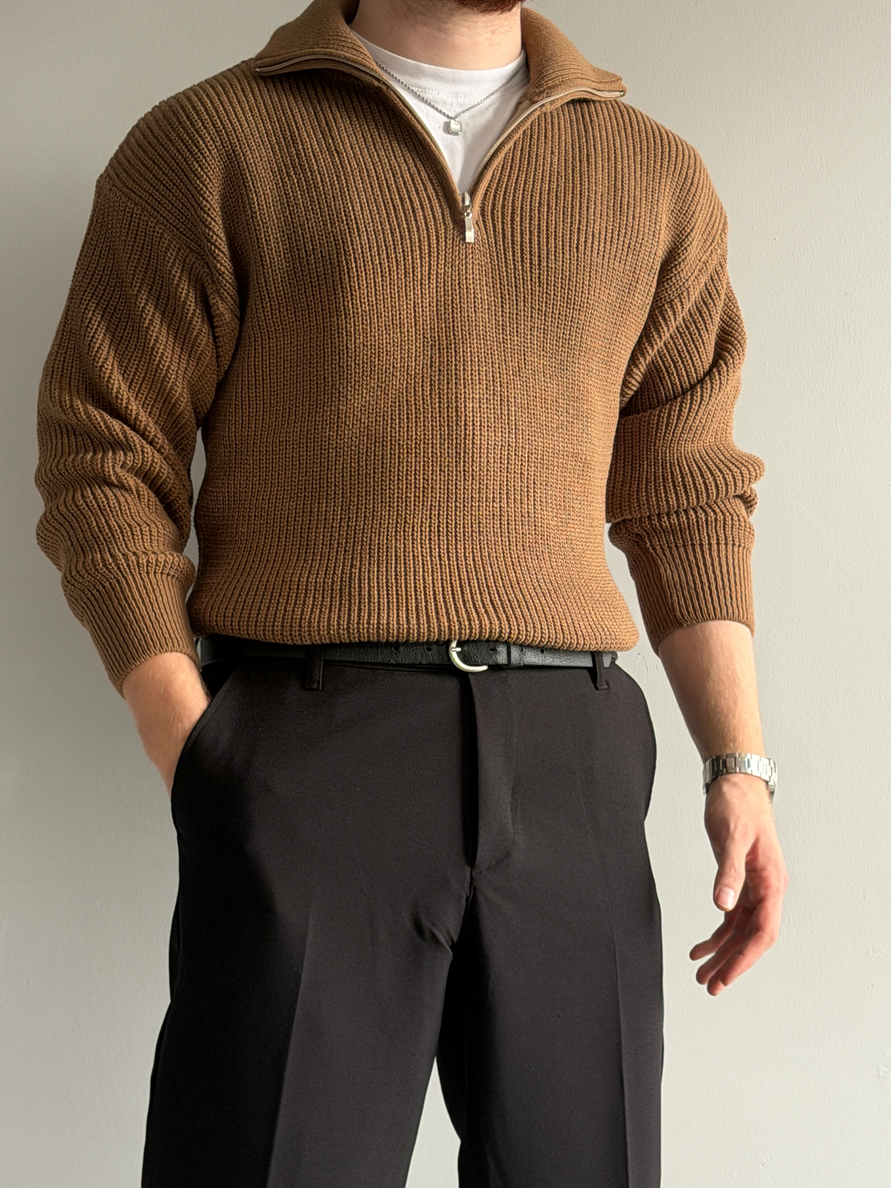 Prime Old Money Exclusive ZIP Yaka Selanik Örgü Triko Kazak - P192 - Karamel