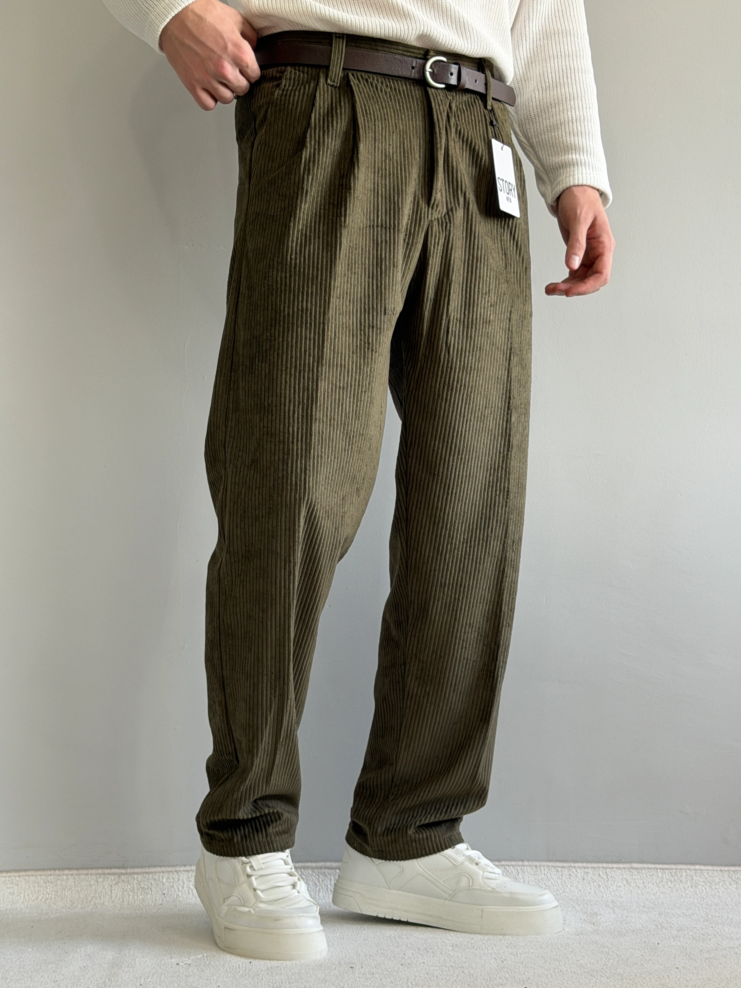 Prime Old Money Baggy Kalıp Kadife Pantolon - P111 - Haki