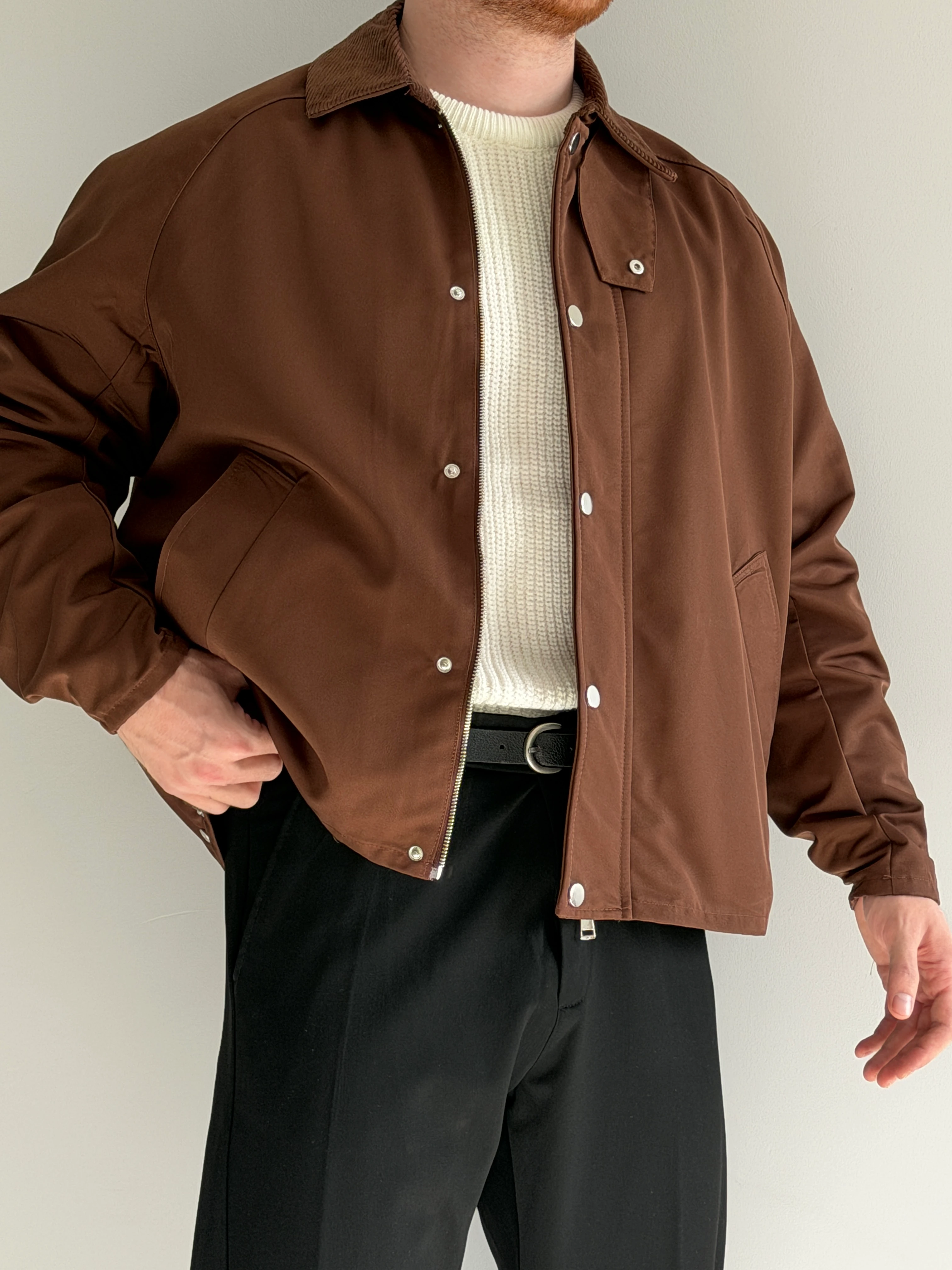 Prime Old Money Su Geçirmez Mebran Kumaş Yaka Detaylı Oversize Mont - P177 - Kahverengi