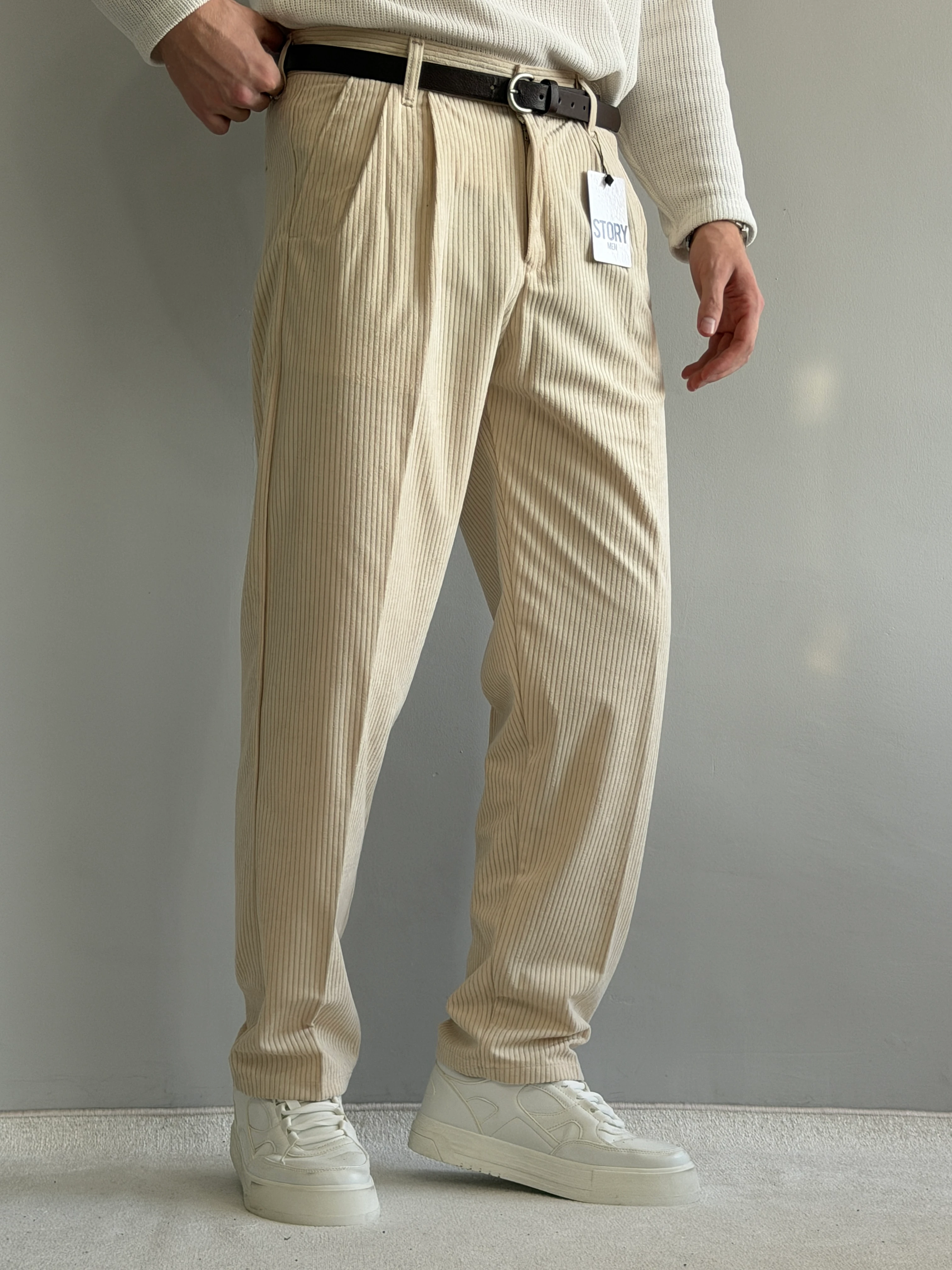 Prime Old Money Baggy Kalıp Kadife Pantolon - P111 - Krem