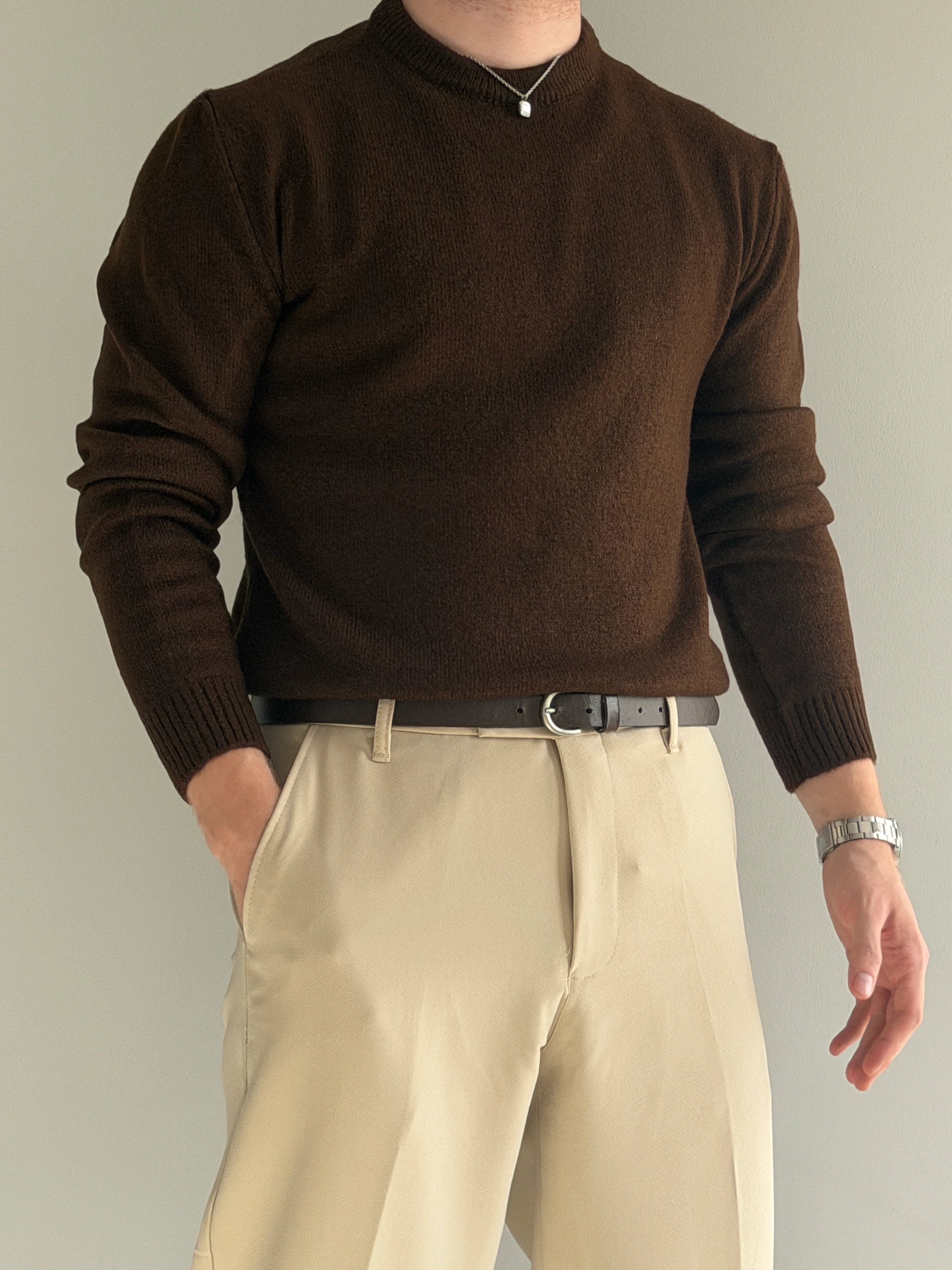 Prime Old Money Exclusive Yumuşak Dokulu Basic Triko Kazak - P175 - Kahverengi