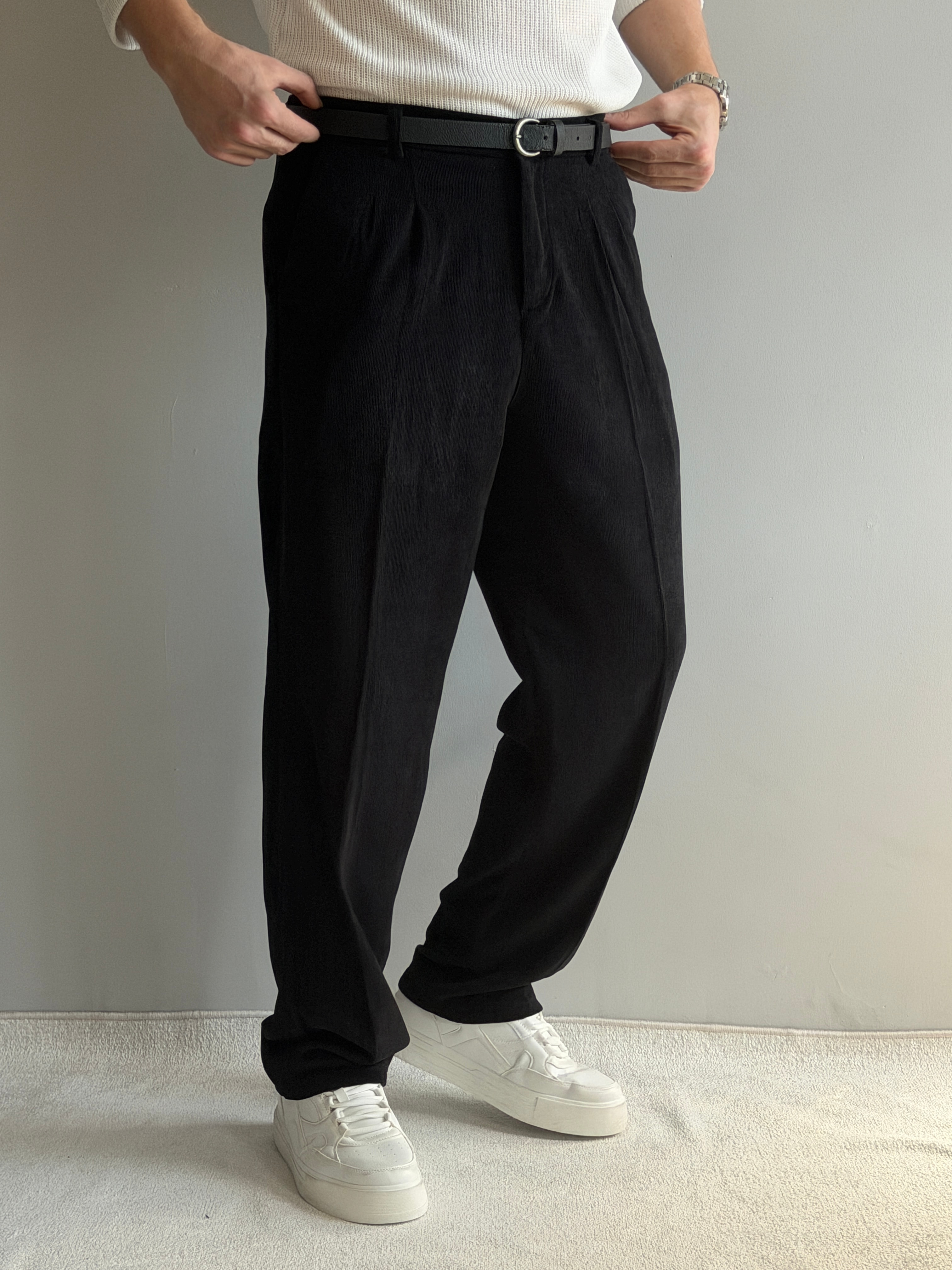 Prime Old Money Exclusive İnce Fitilli Baggy Kalıp Pantolon - P158 - Siyah