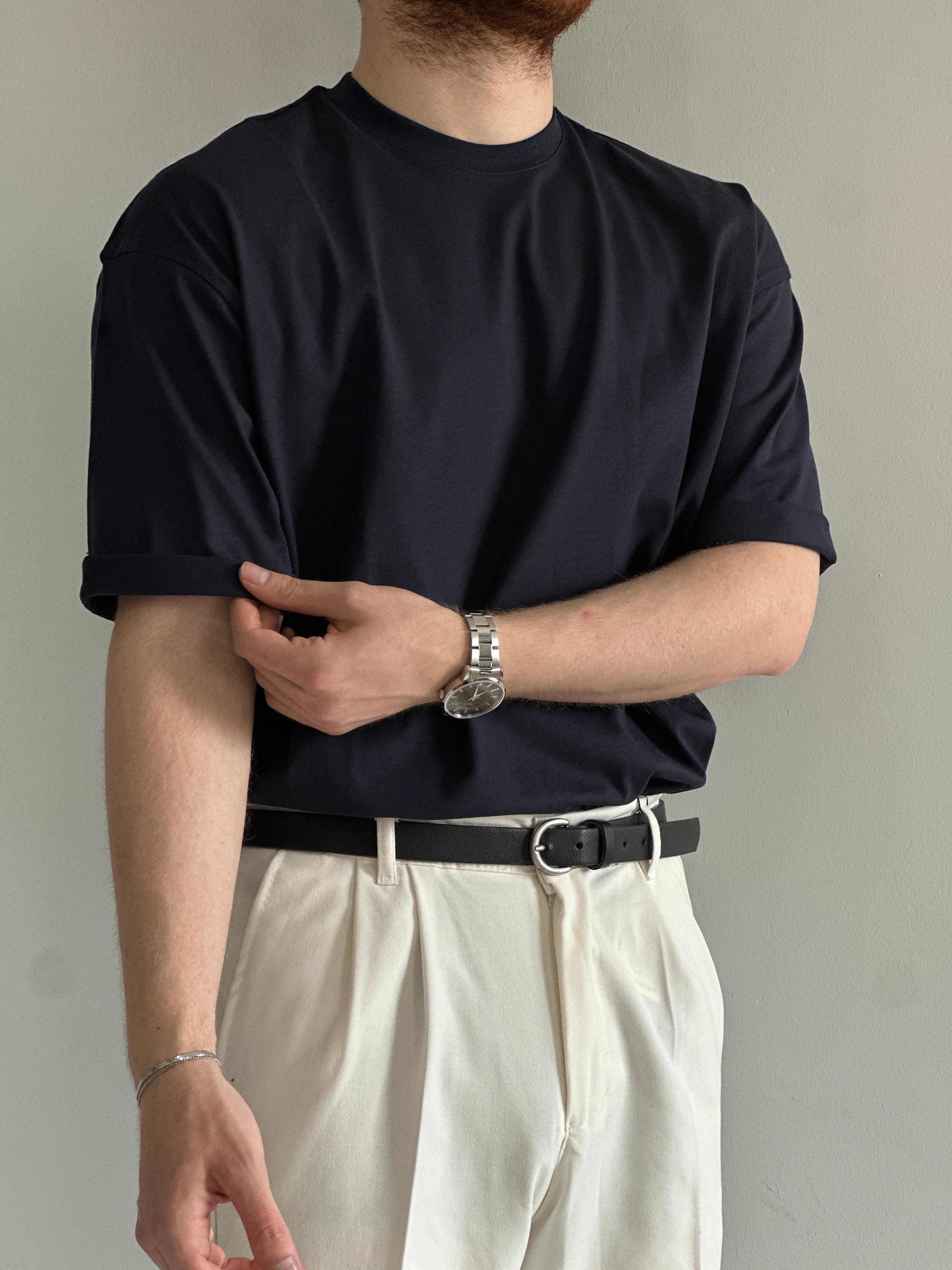 Erkek Prime Kaliteli Kumaş Oversize %100 Pamuk T-Shirt - İndigo Mavi