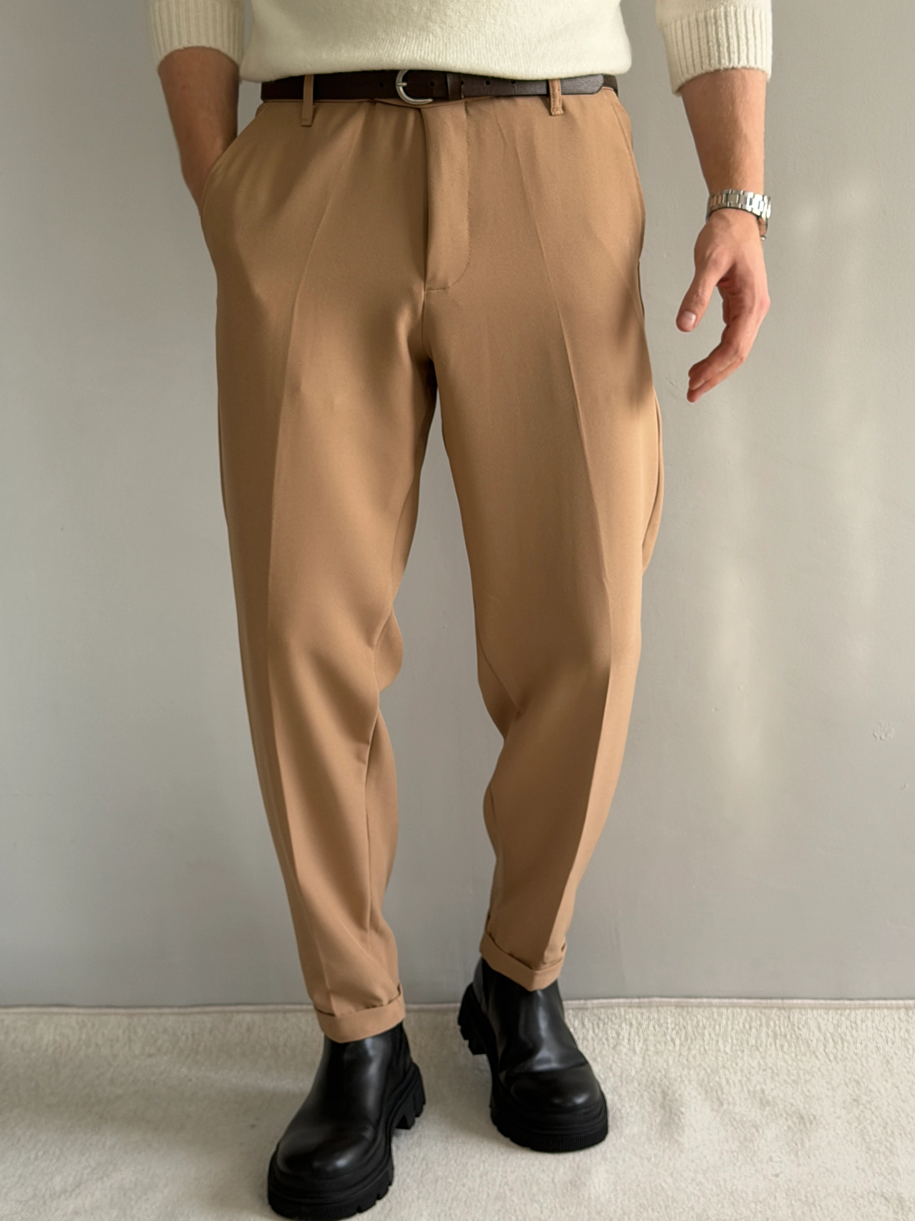 Prime Old Money Kalın Kumaş Duble Paça Rahat Kalıp Kumaş Pantolon - P174 - Sütlü Kahve