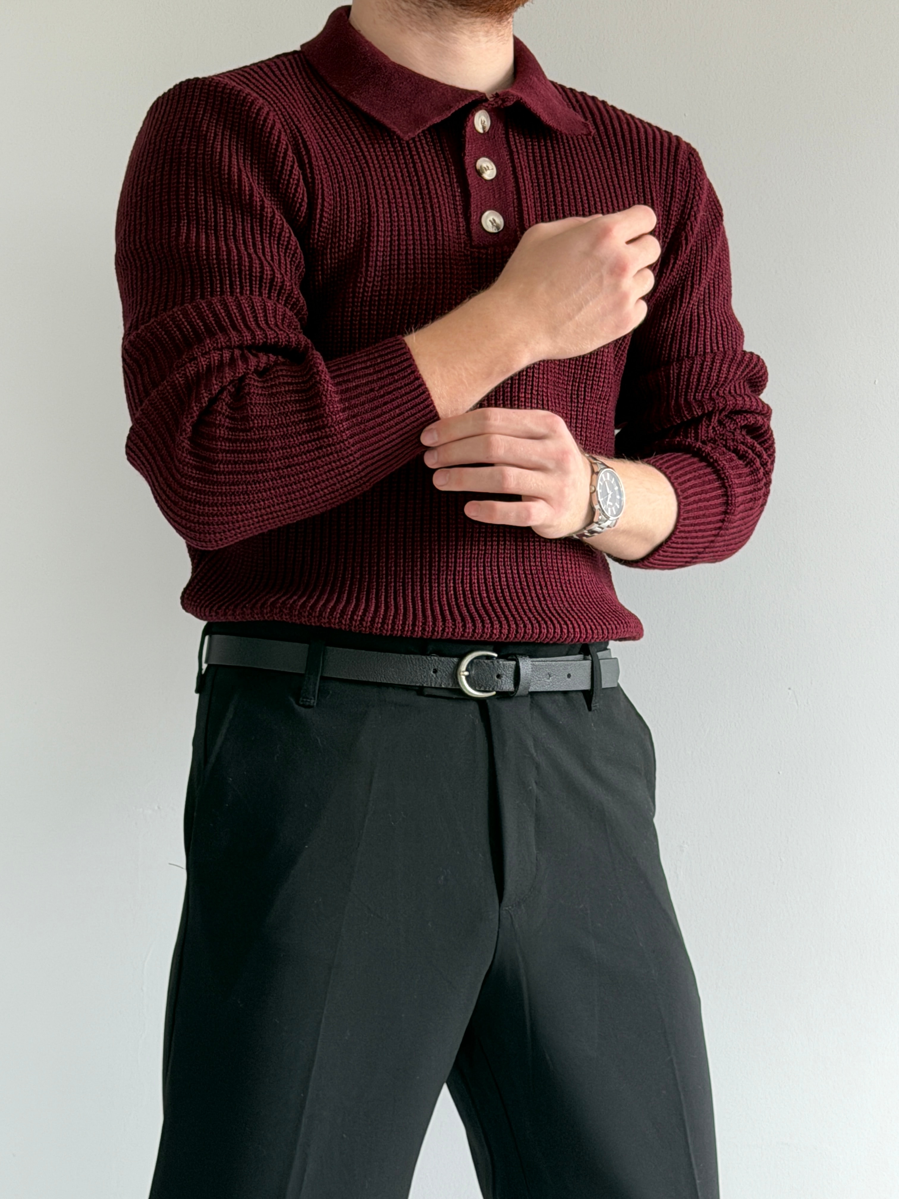 Prime Old Money Selanik Örgü Polo Yaka Triko Kazak - P156 - Bordo