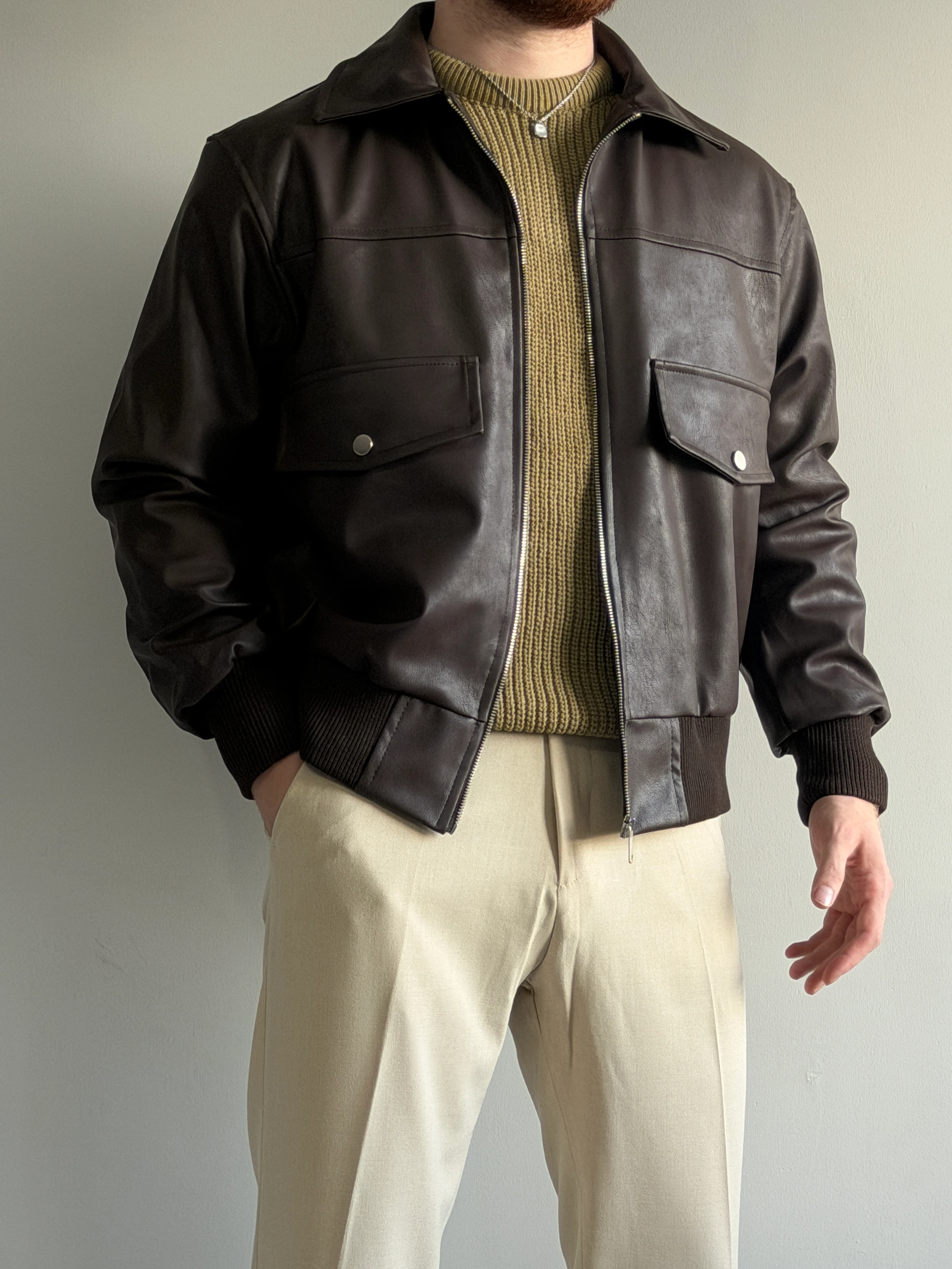 Prime Old Money Exclusive Vintage Cep Detaylı Deri Ceket - P193 - Kahverengi