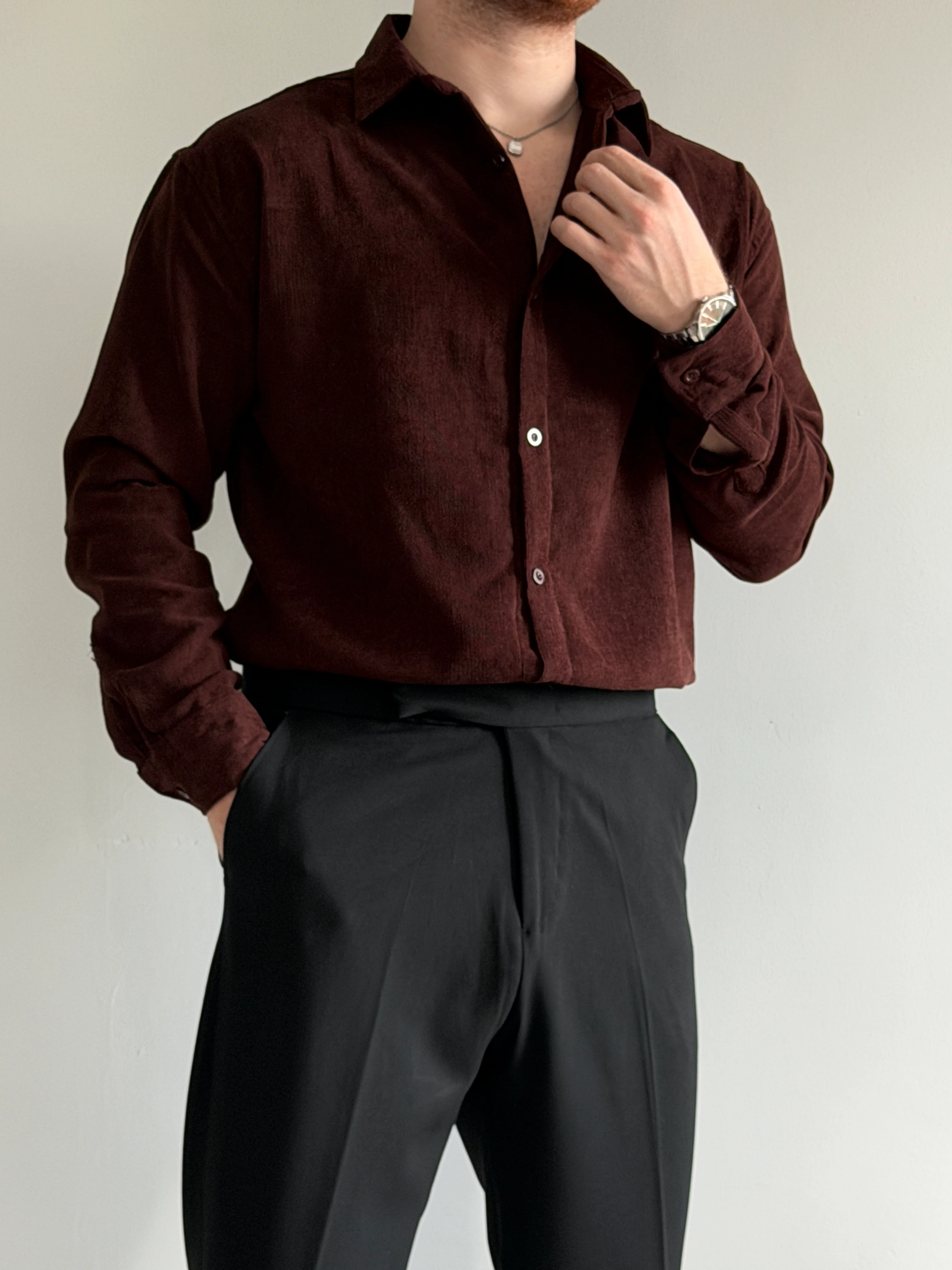 Prime Old Money Exclusive İnce Fitilli Gömlek - P145 - Kahverengi