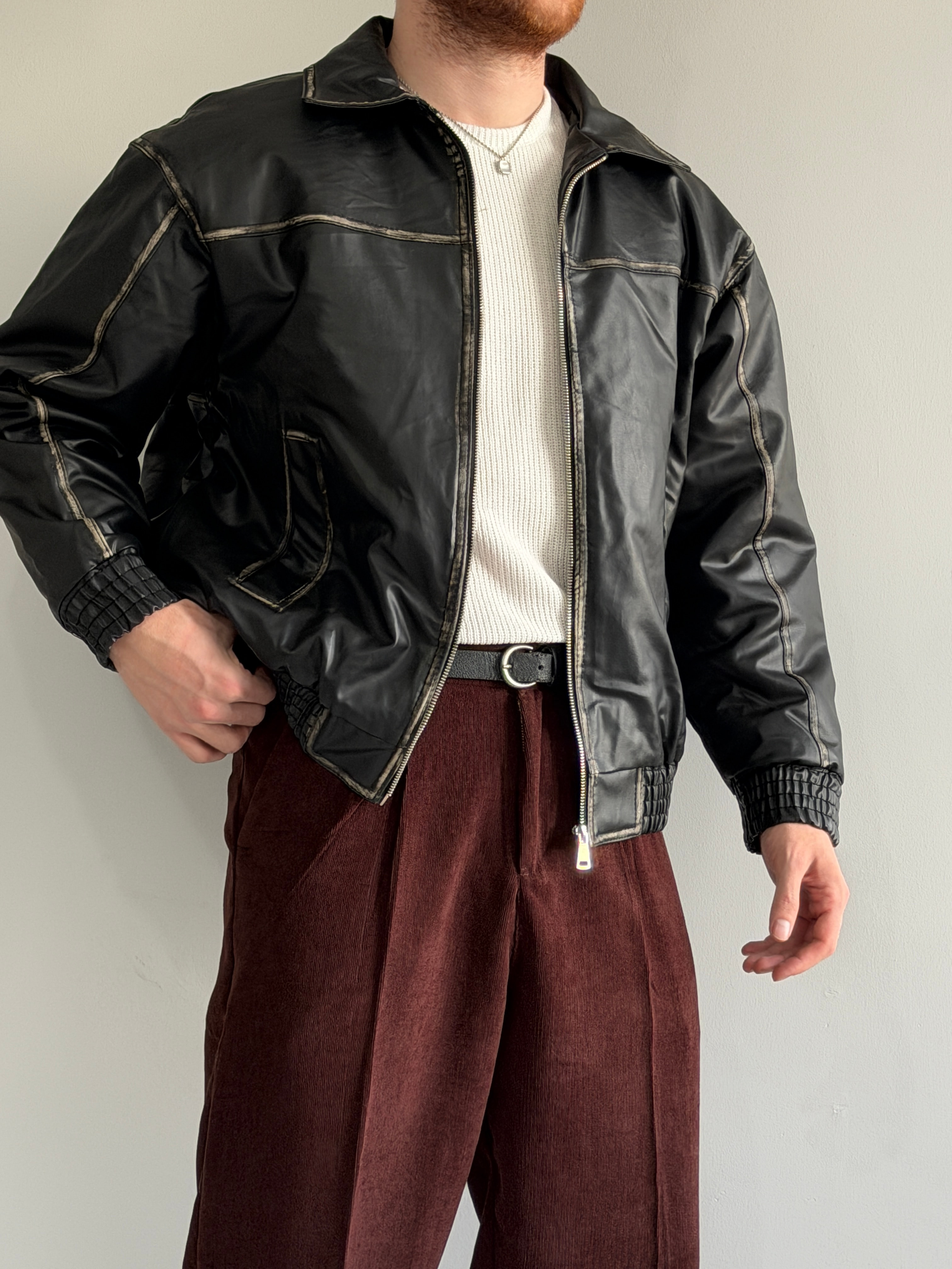 Prime Old Money Eskitme Detaylı Premium Bomber Deri Ceket - P160 - Siyah