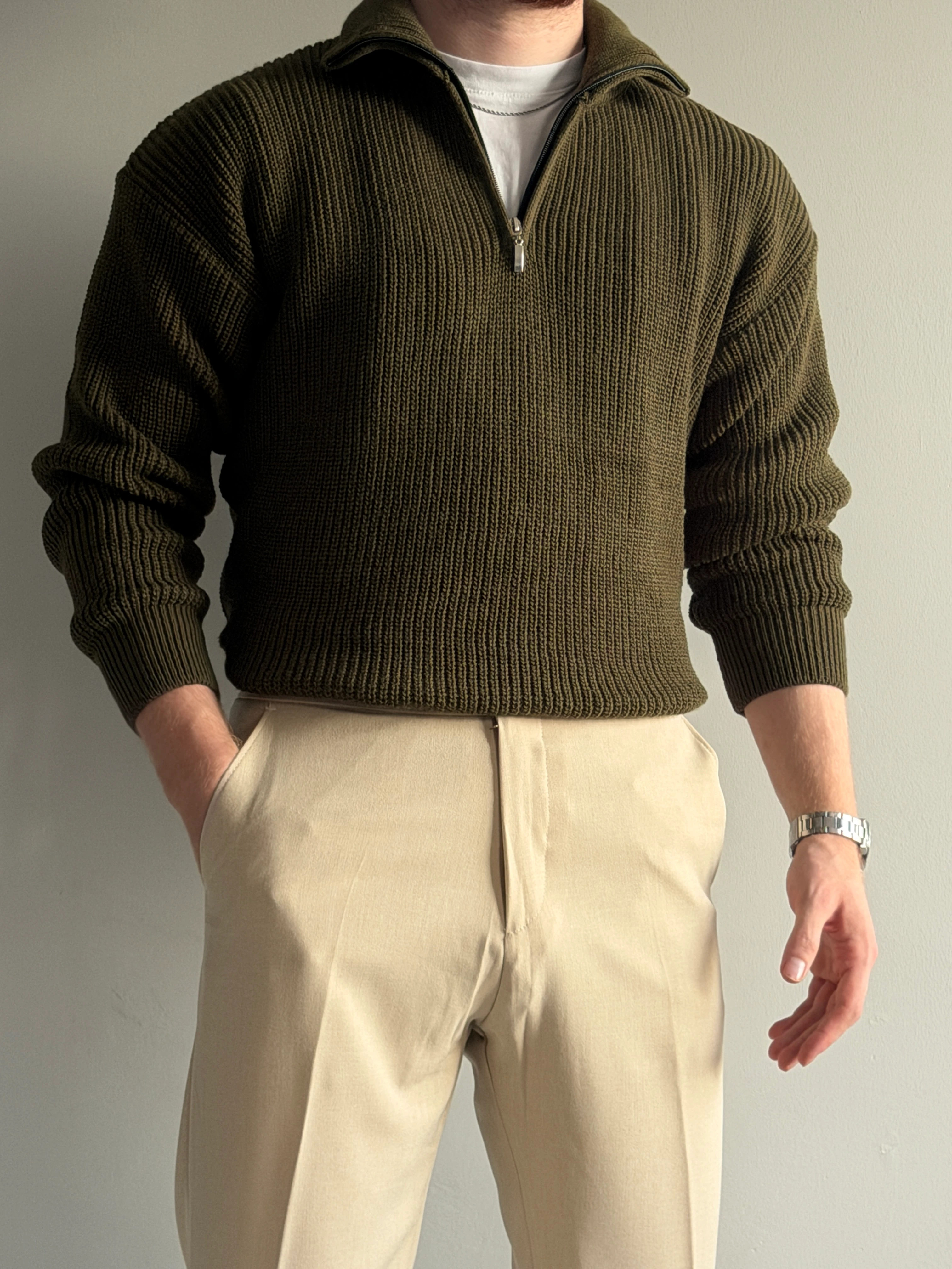 Prime Old Money Exclusive ZIP Yaka Selanik Örgü Triko Kazak - P192 - Haki