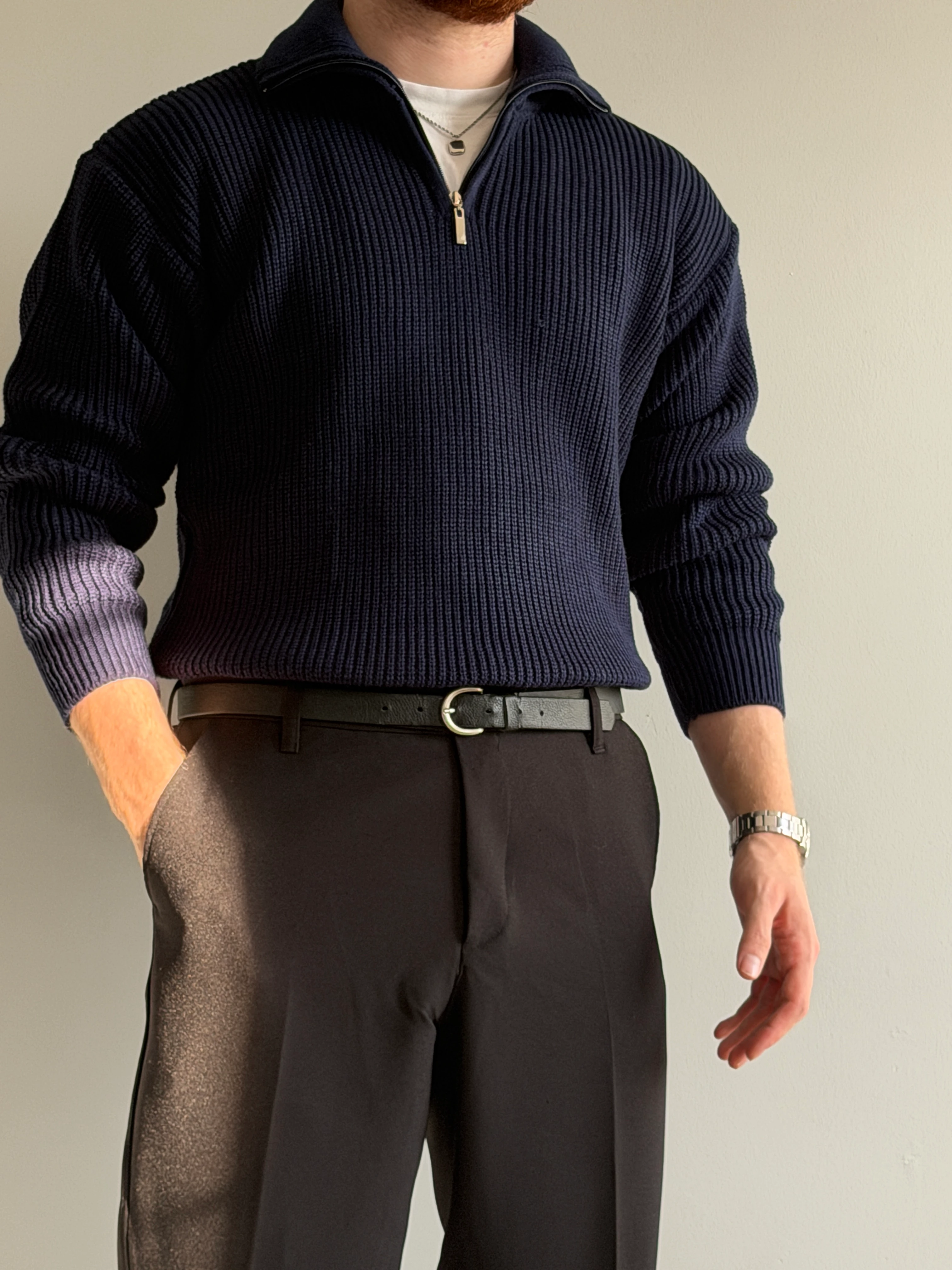 Prime Old Money Exclusive ZIP Yaka Selanik Örgü Triko Kazak - P192 - Lacivert