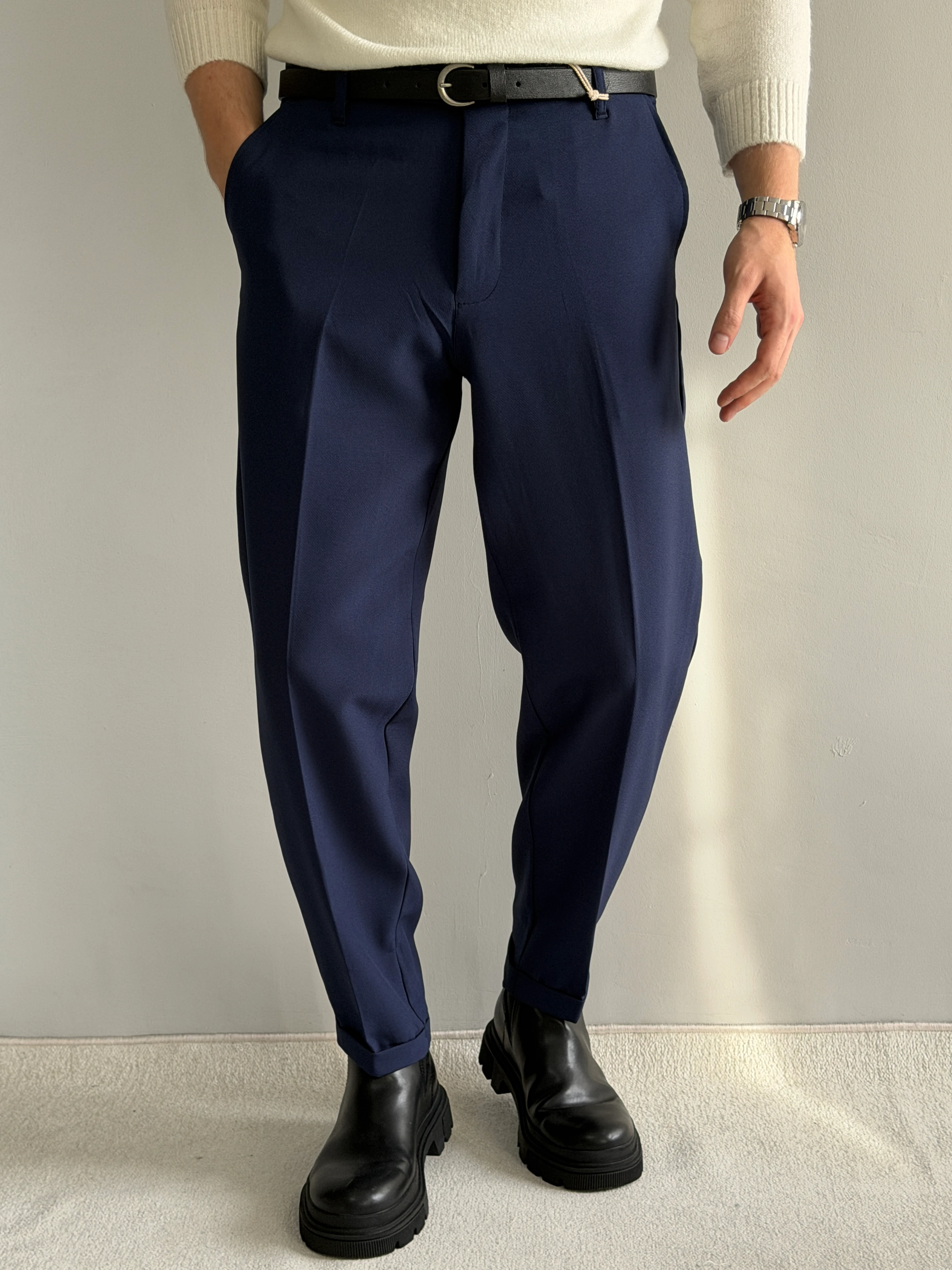 Prime Old Money Kalın Kumaş Duble Paça Rahat Kalıp Kumaş Pantolon - P174 - Lacivert