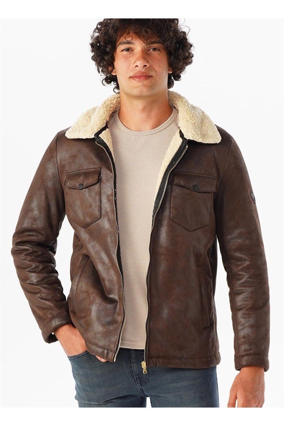 Süvari Slim Fit Içi Kürklü Suni Deri Kahverengi Mont