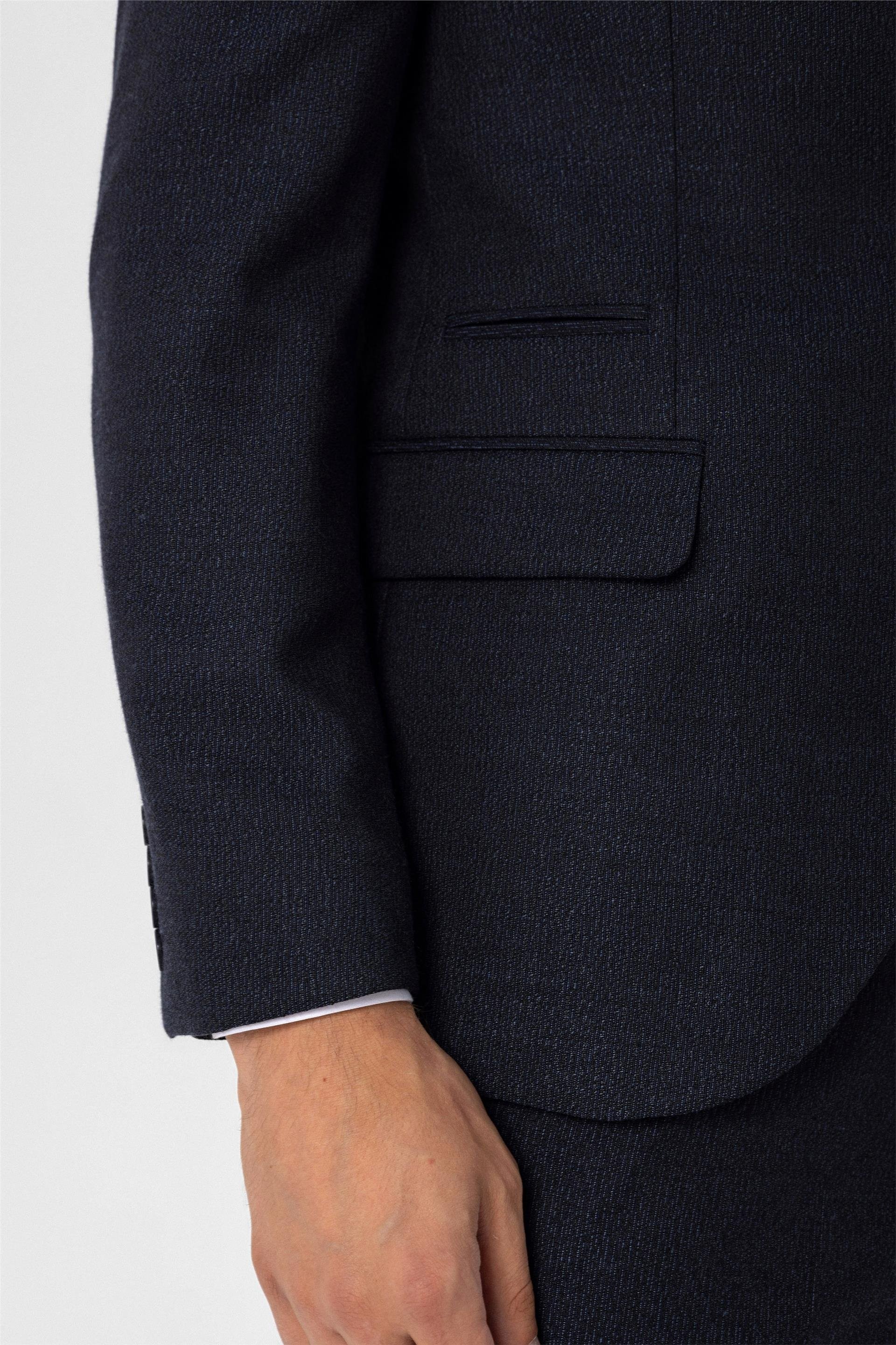Lacivert Slim Fit Armürlü Sivri Yaka 6 Drop Klasik Takım Elbise