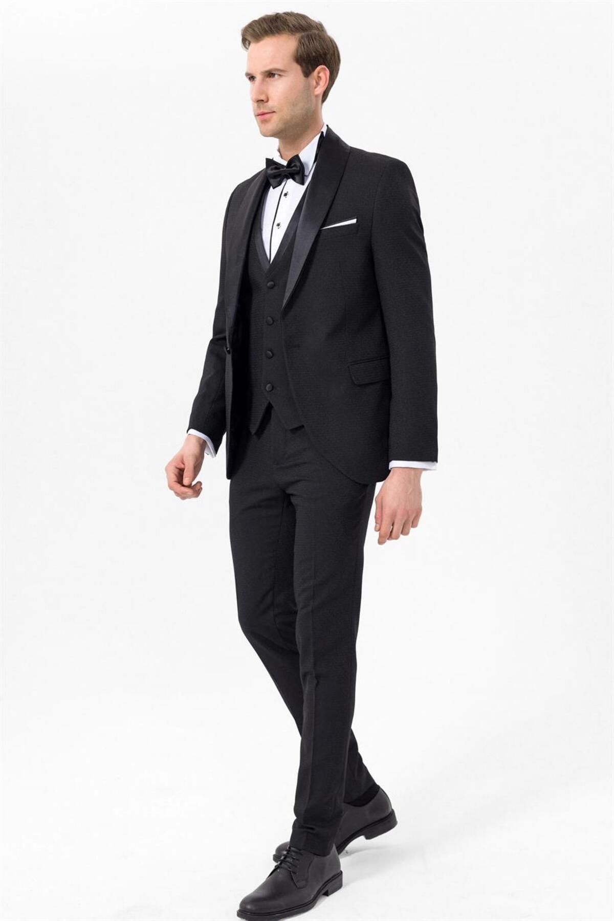 Süvari Dar Kalıp Yelekli Tek Düğmeli Siyah Damatlık