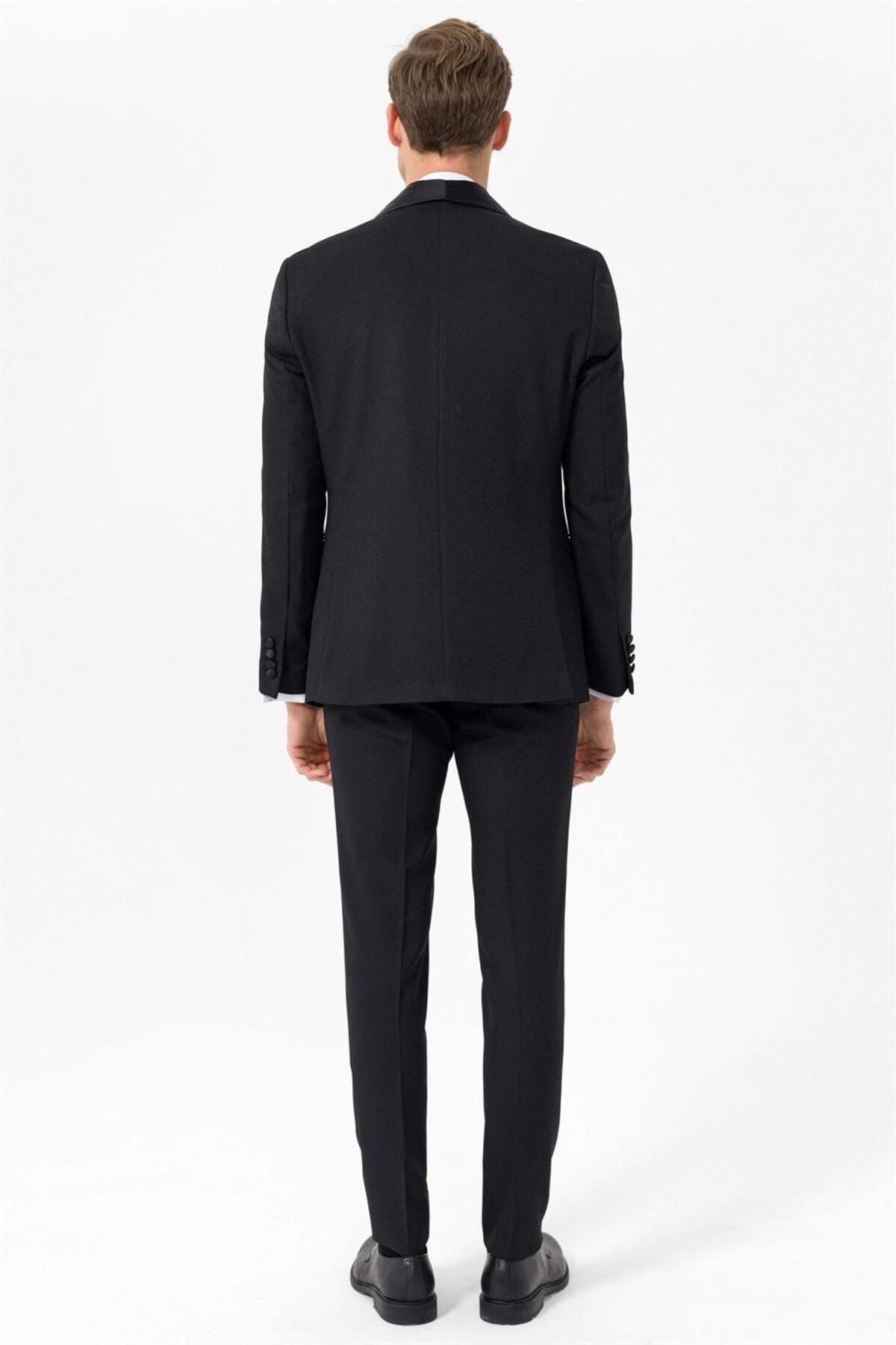 Süvari Dar Kalıp Yelekli Tek Düğmeli Siyah Damatlık