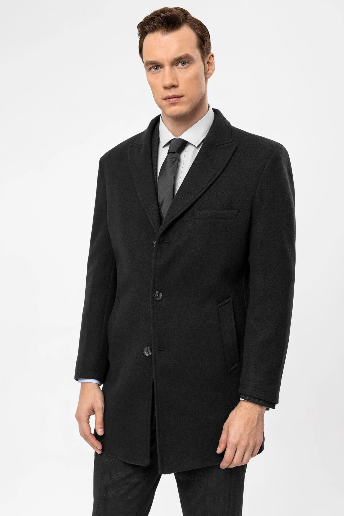 Süvari Slim Fit Yünlü Sivri Yaka Antrasit Erkek Kaban