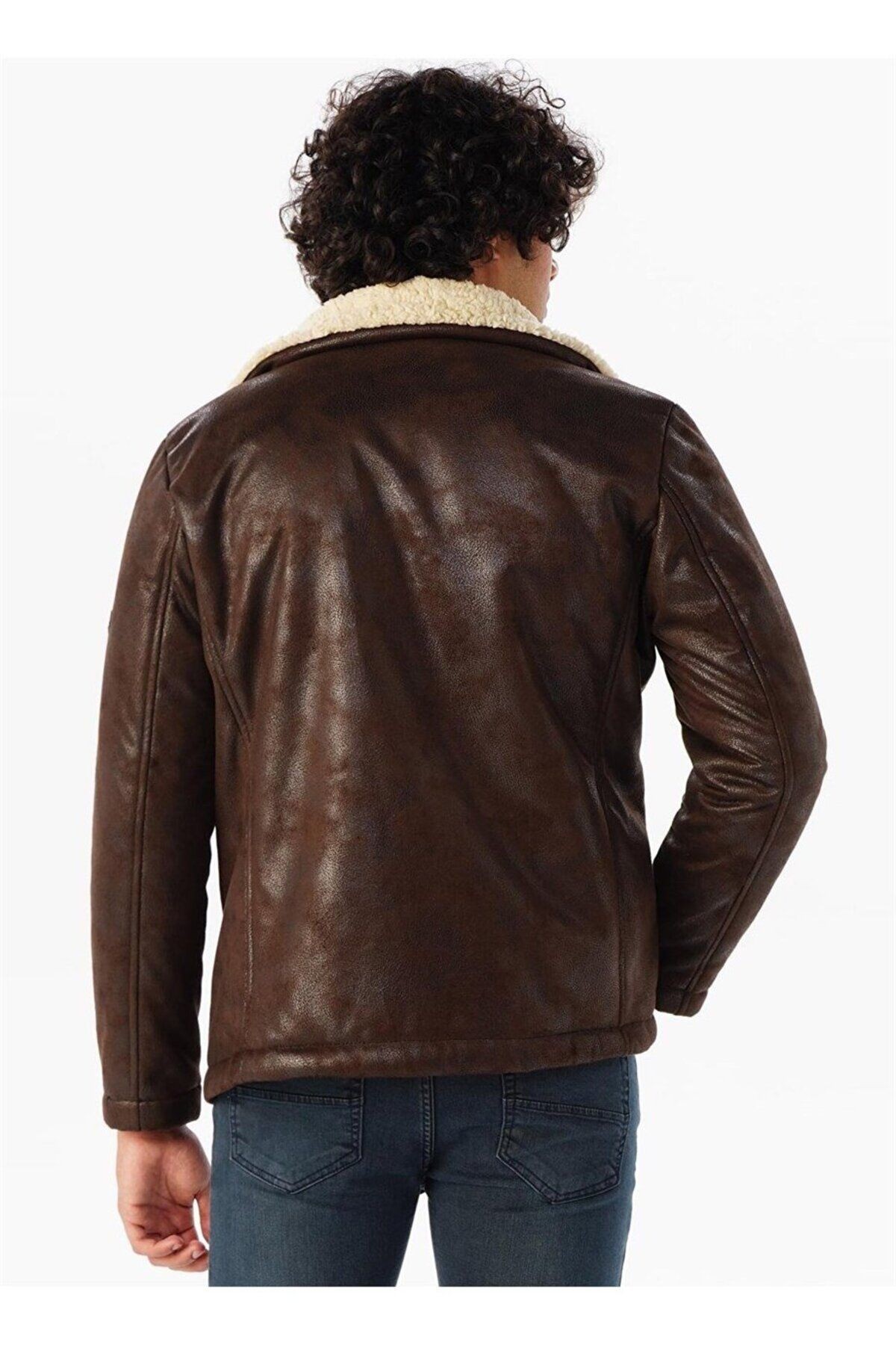 Süvari Slim Fit Içi Kürklü Suni Deri Kahverengi Mont