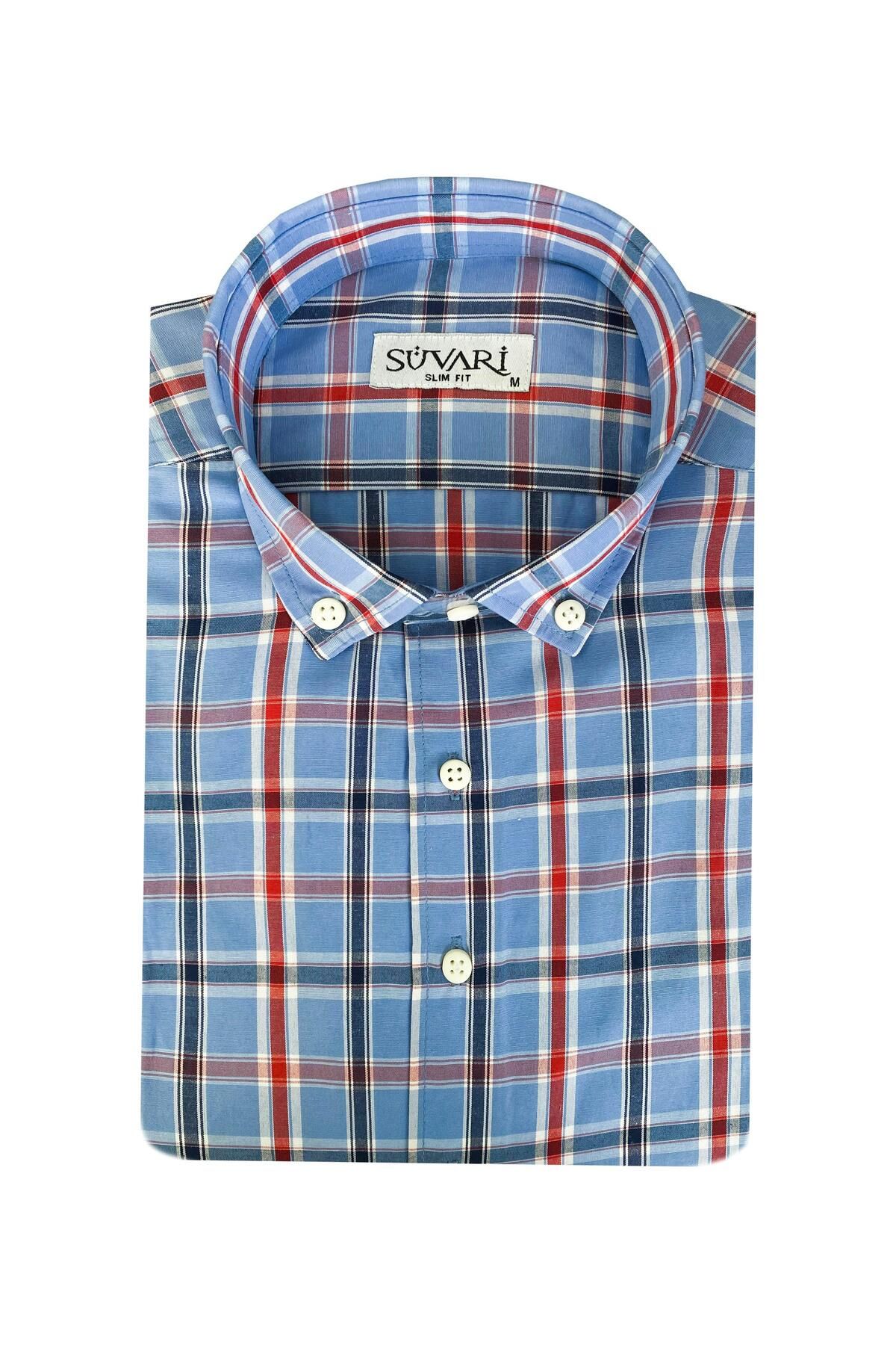 Süvari Dar Kesim Mavi Desenli Kısa Kol Erkek Gömlek