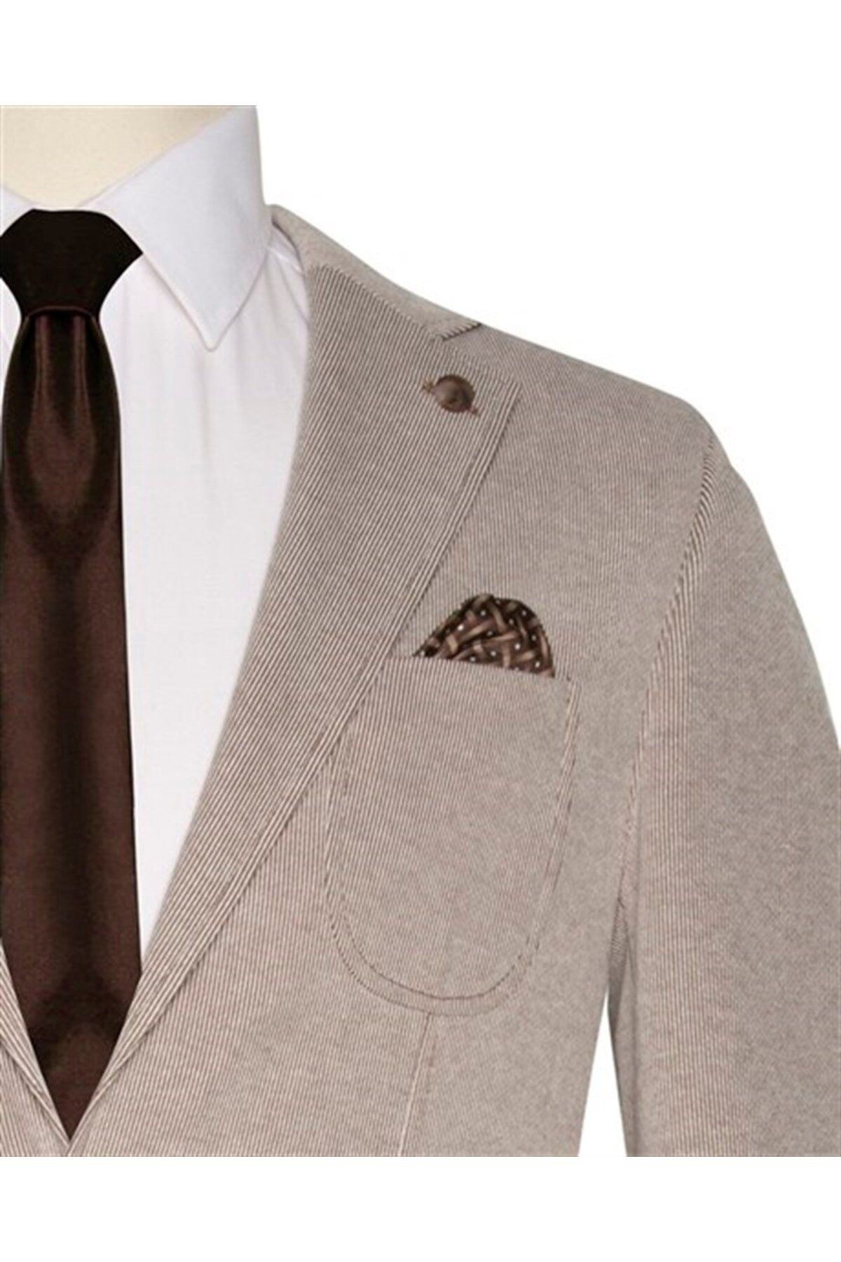 Süvari Slim Fit 6 Drop Yeleksiz Örme Desenli Bej Spor Takım Elbise