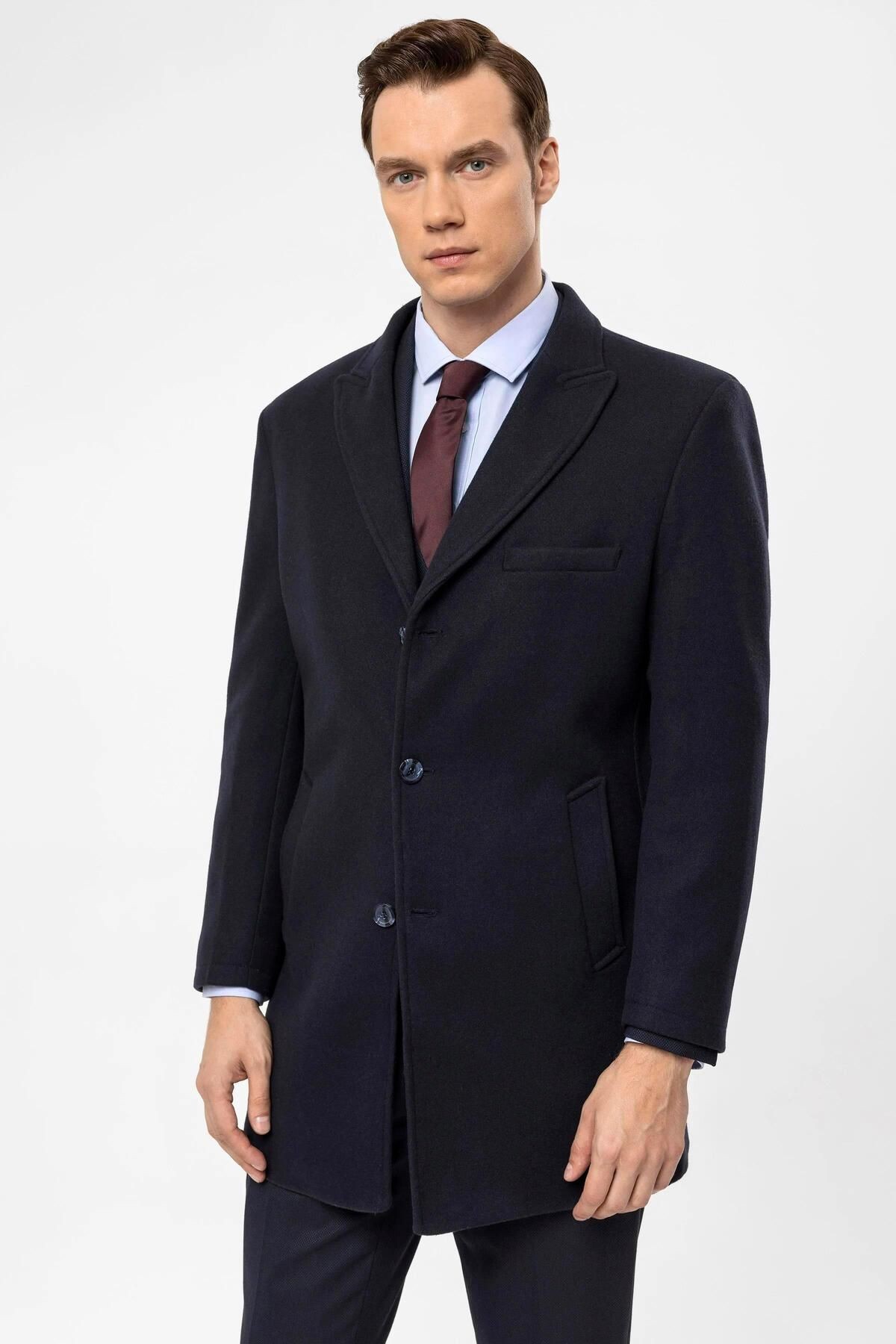 Süvari Slim Fit Yünlü Sivri Yaka Antrasit Erkek Kaban
