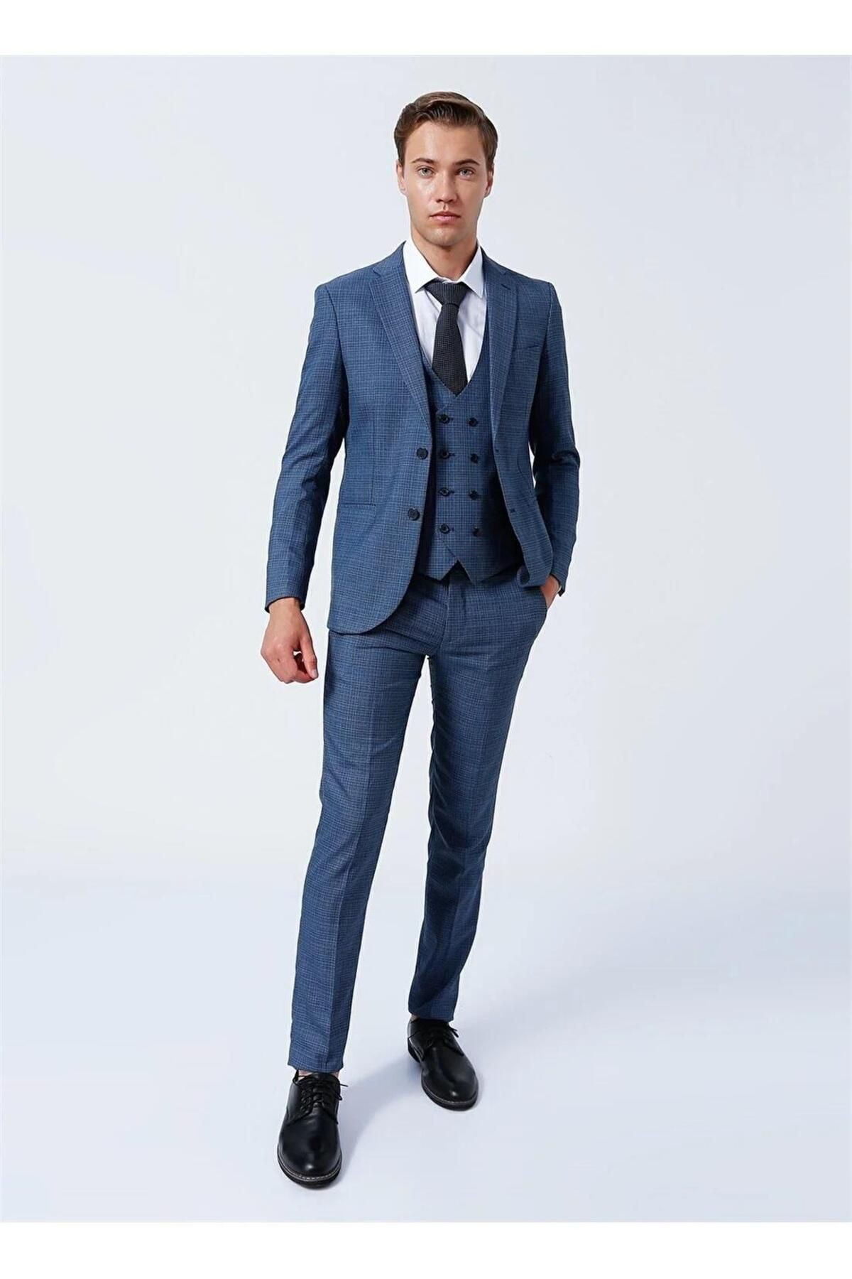 Süvari Normal Bel Slim Fit Mavi Erkek Takim Elbise