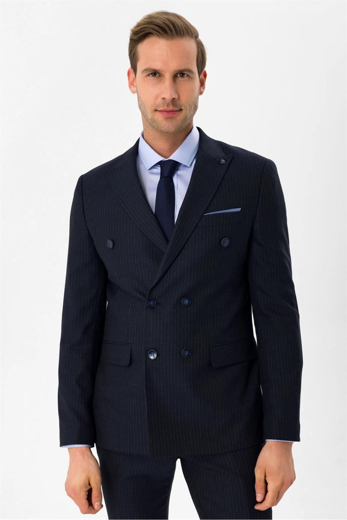 Süvari Dar Kesim Çizgili Lacivert Kruvaze Takım Elbise