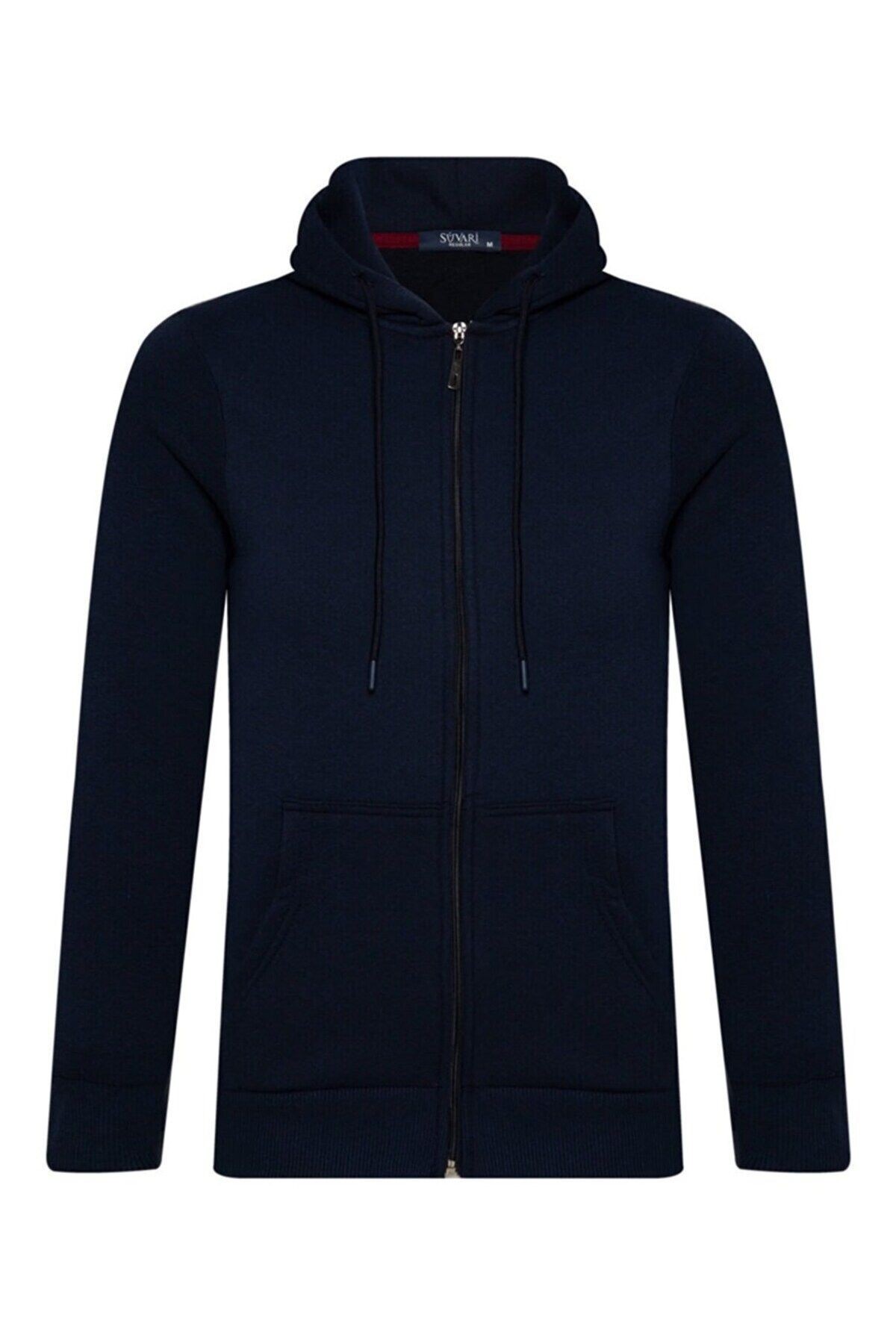 Lacivert 3 Iplik Kapüşonlu Fermuarlı Sweat Hırka