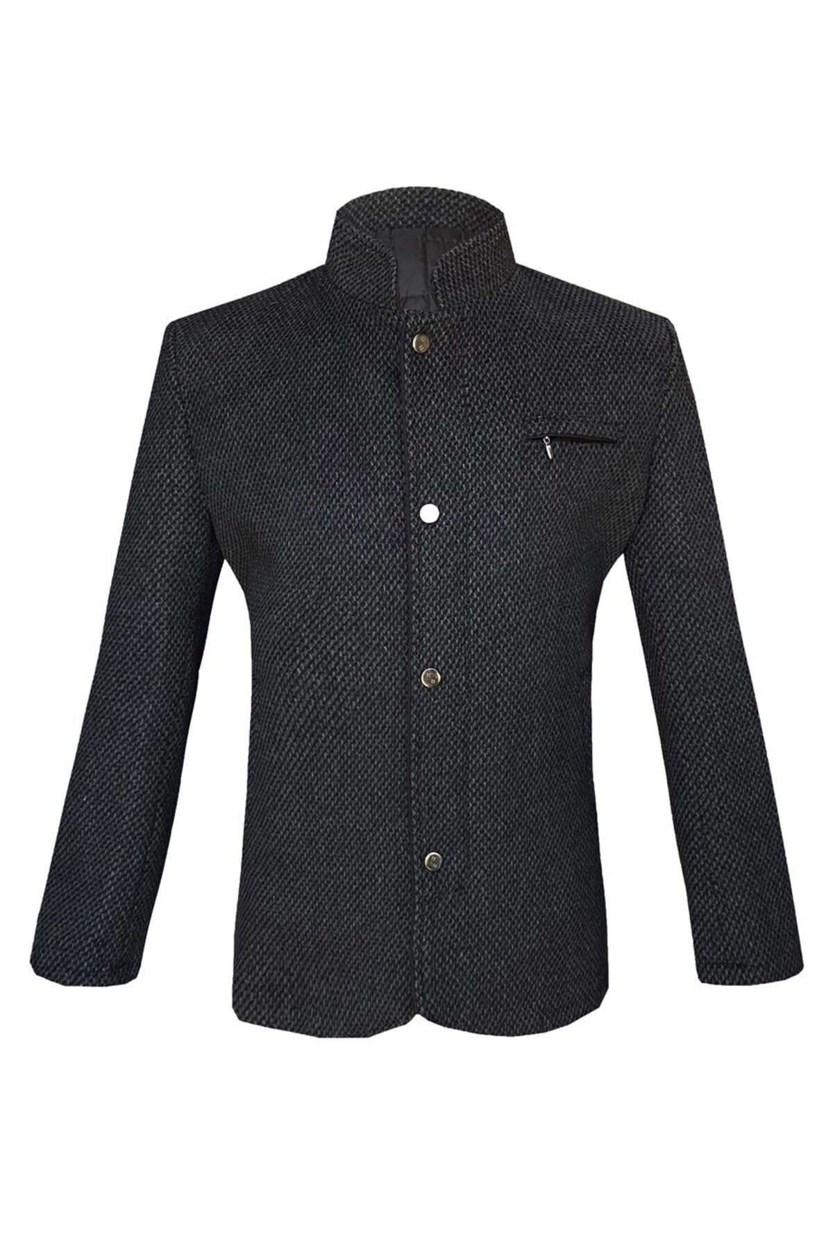 Süvari Slim Fit Hakim Yaka Desenli Gri Kaban