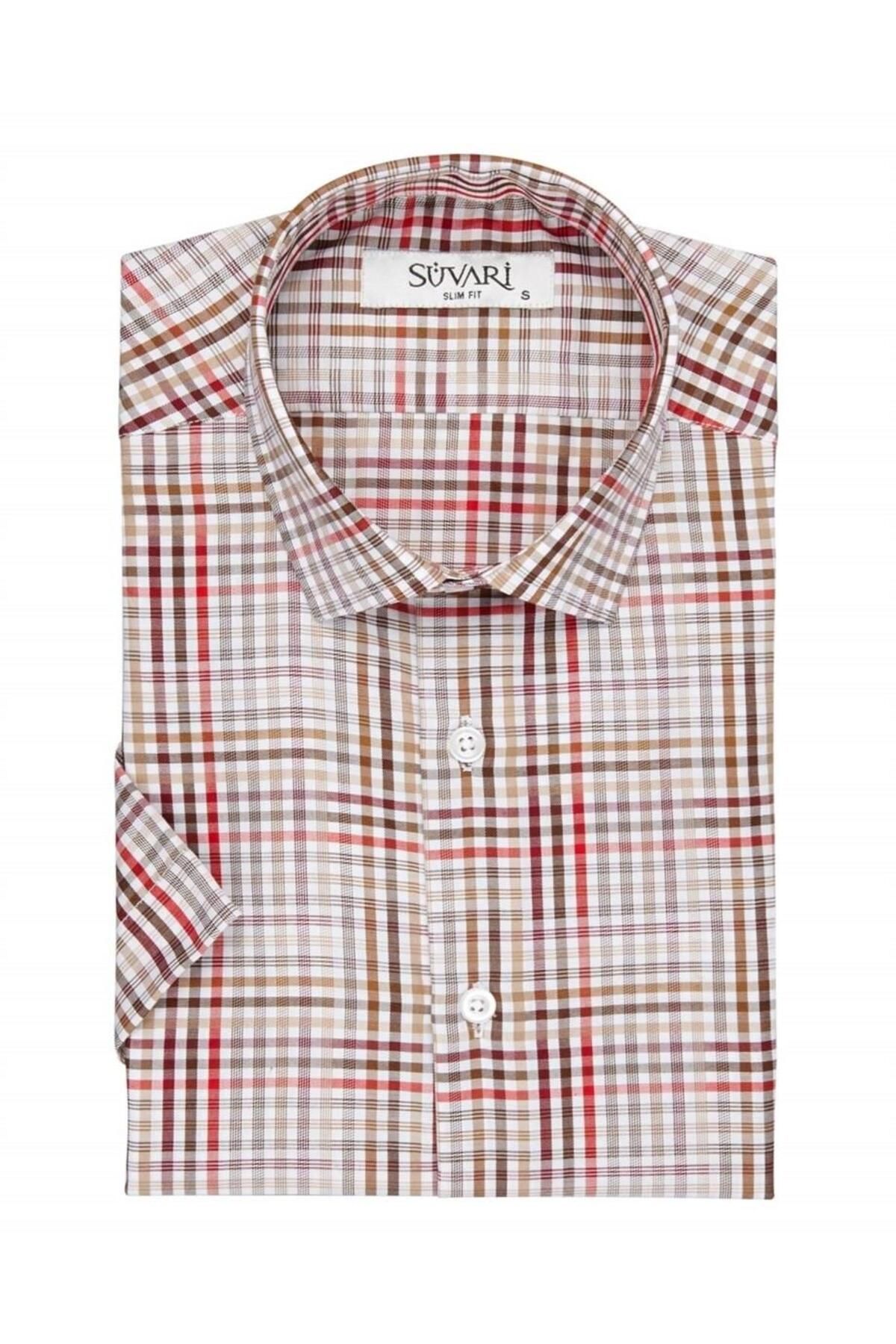 Süvari Dar Kesim Kırmızı Desenli Kısa Kol Erkek Gömlek