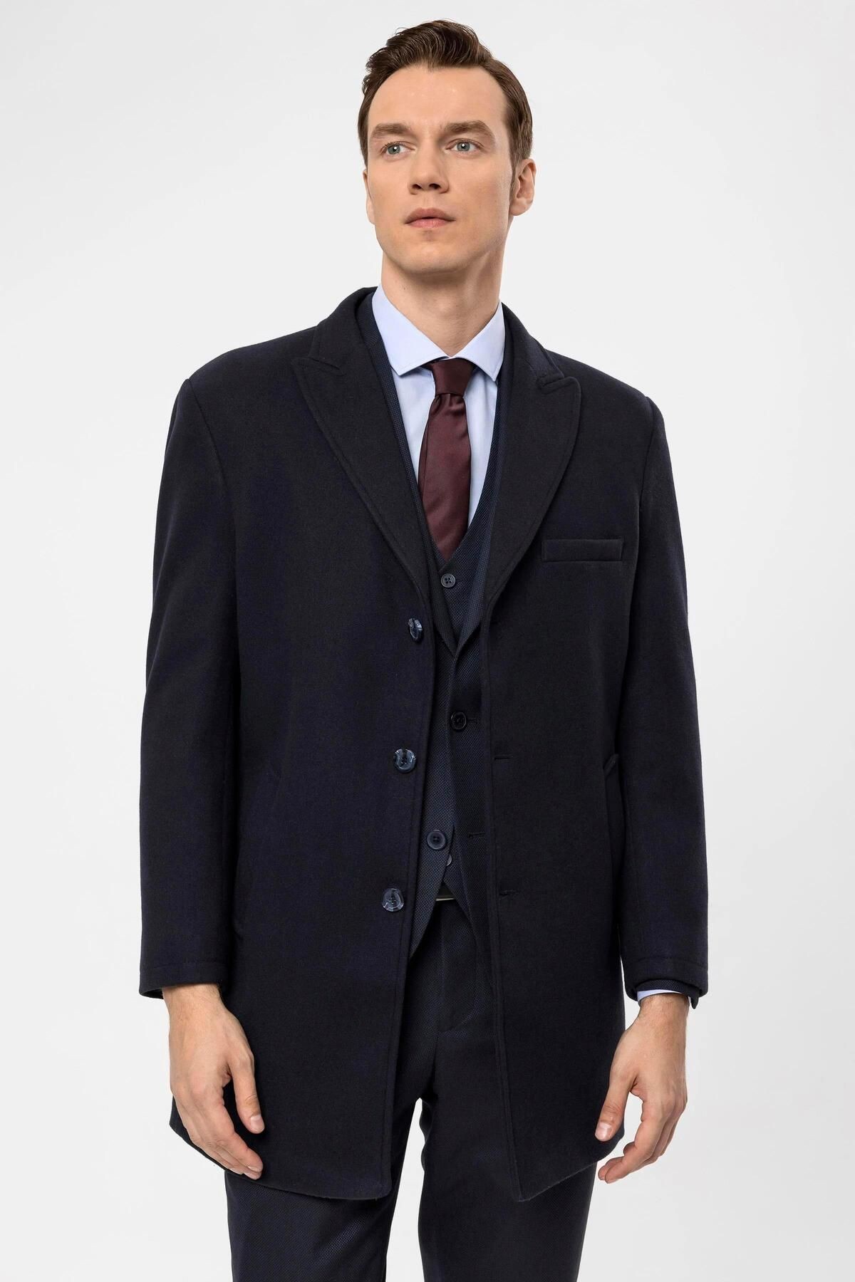 Süvari Slim Fit Yünlü Sivri Yaka Antrasit Erkek Kaban