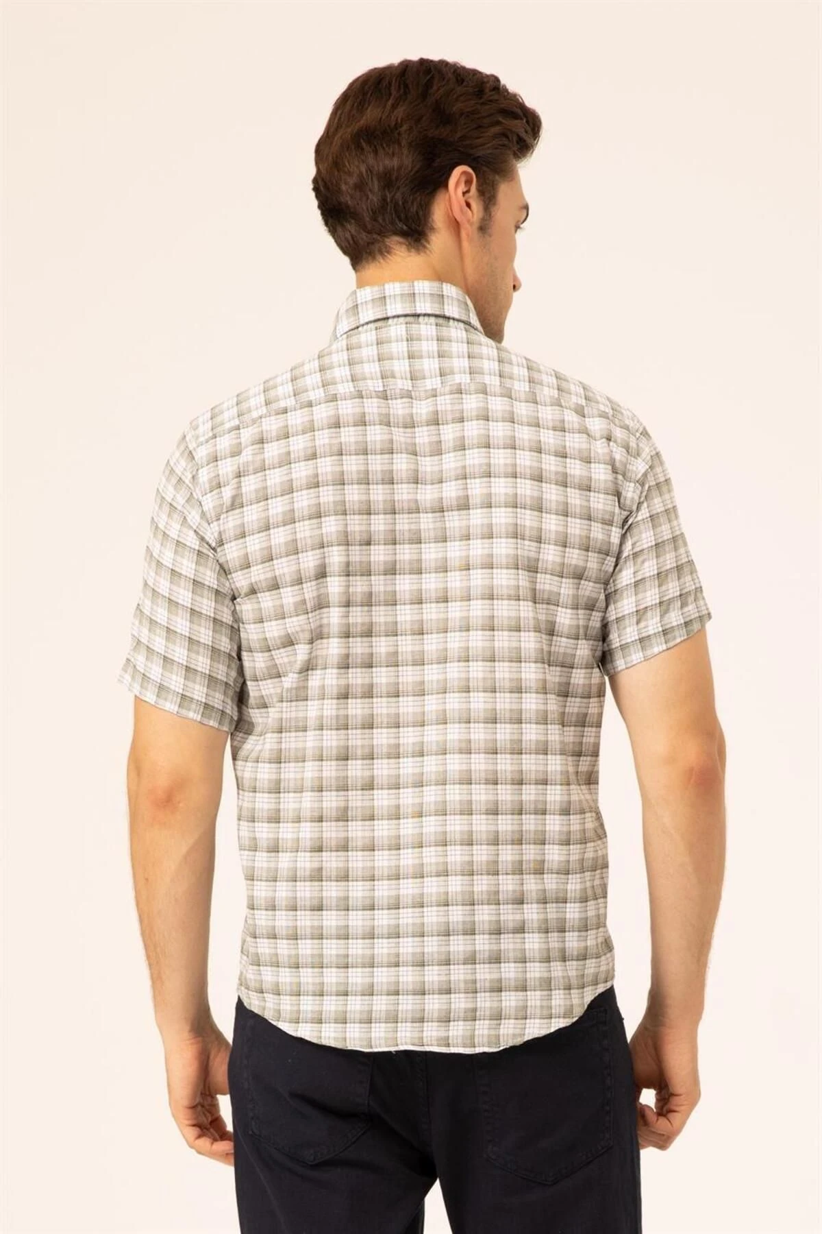 Süvari Bol Kesim Yeşil Desenli Kısa Kol Erkek Gömlek