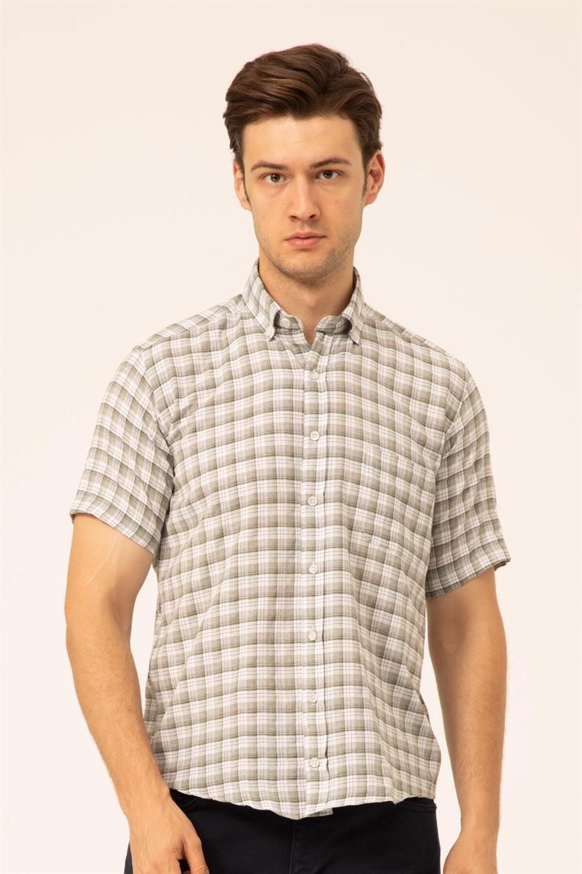 Süvari Bol Kesim Yeşil Desenli Kısa Kol Erkek Gömlek