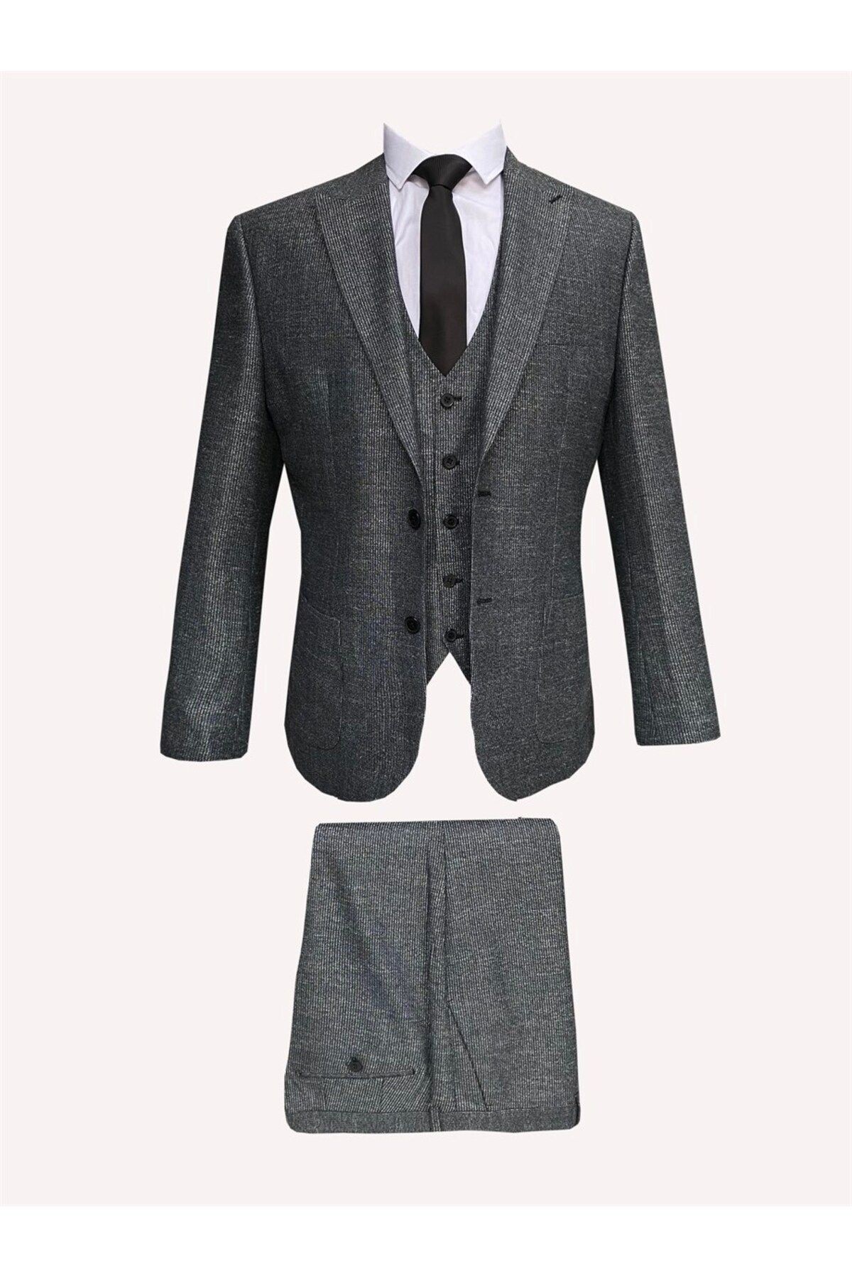 Süvari Slim Fit Yelekli Desenli Gri Takım Elbise