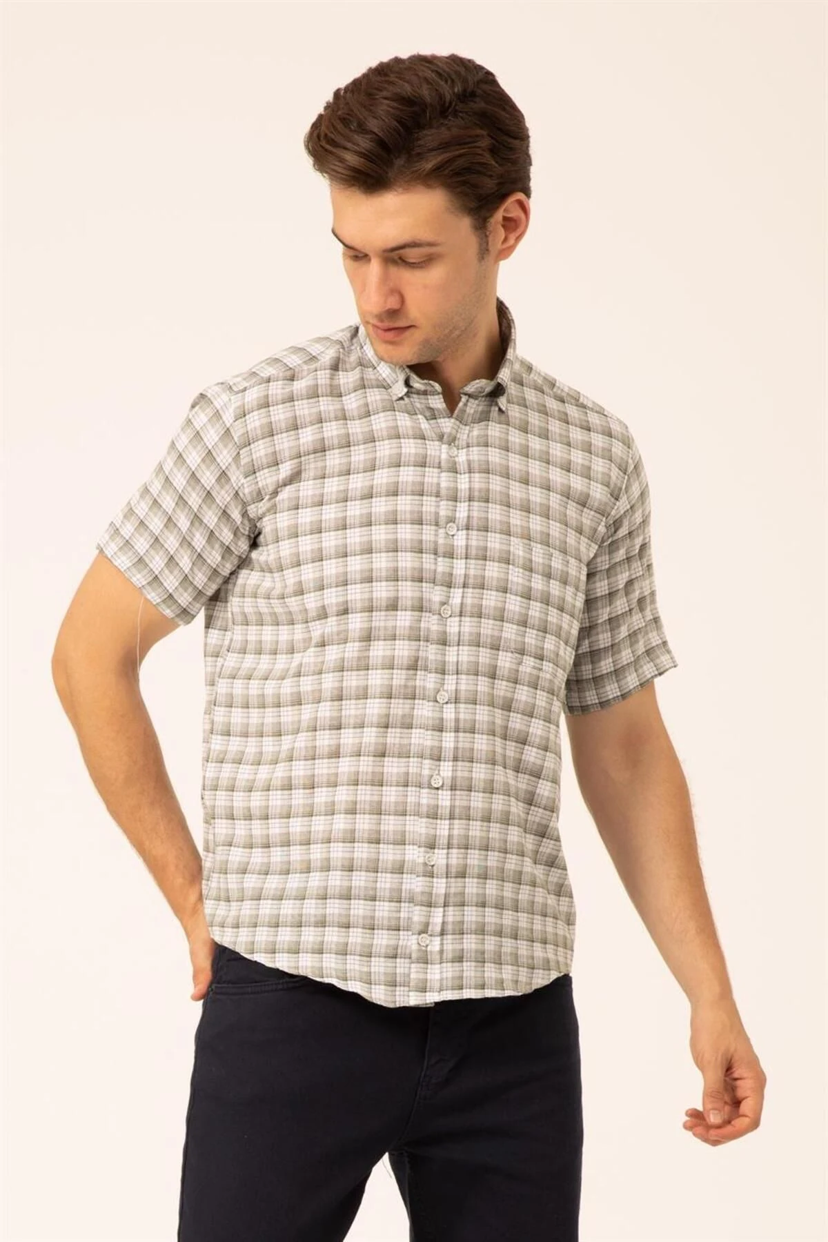 Süvari Bol Kesim Yeşil Desenli Kısa Kol Erkek Gömlek